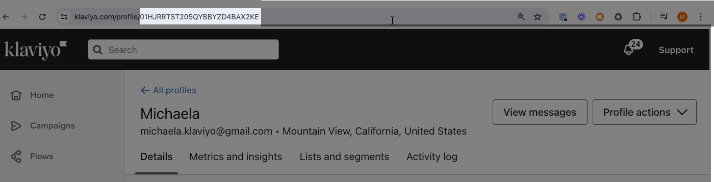 getting profile ID from the URL of a Klaviyo profile