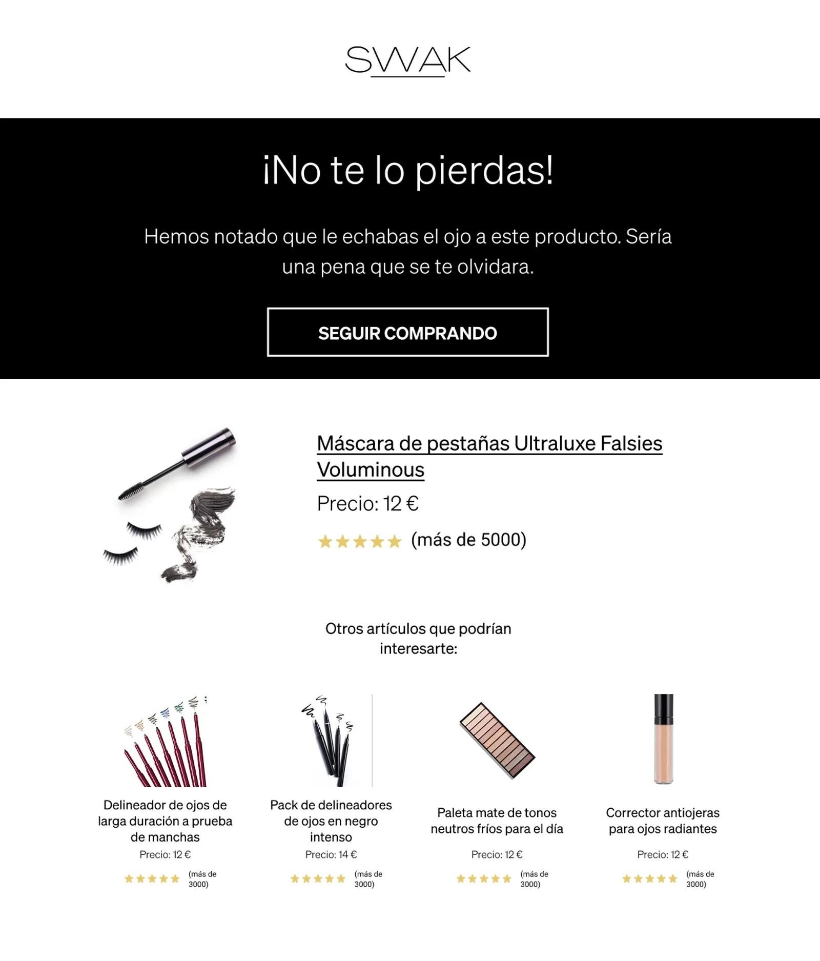 A browse abandonment email from SWAK Cosmetics, featuring the item someone was looking at as well as related products they may also be interested in.