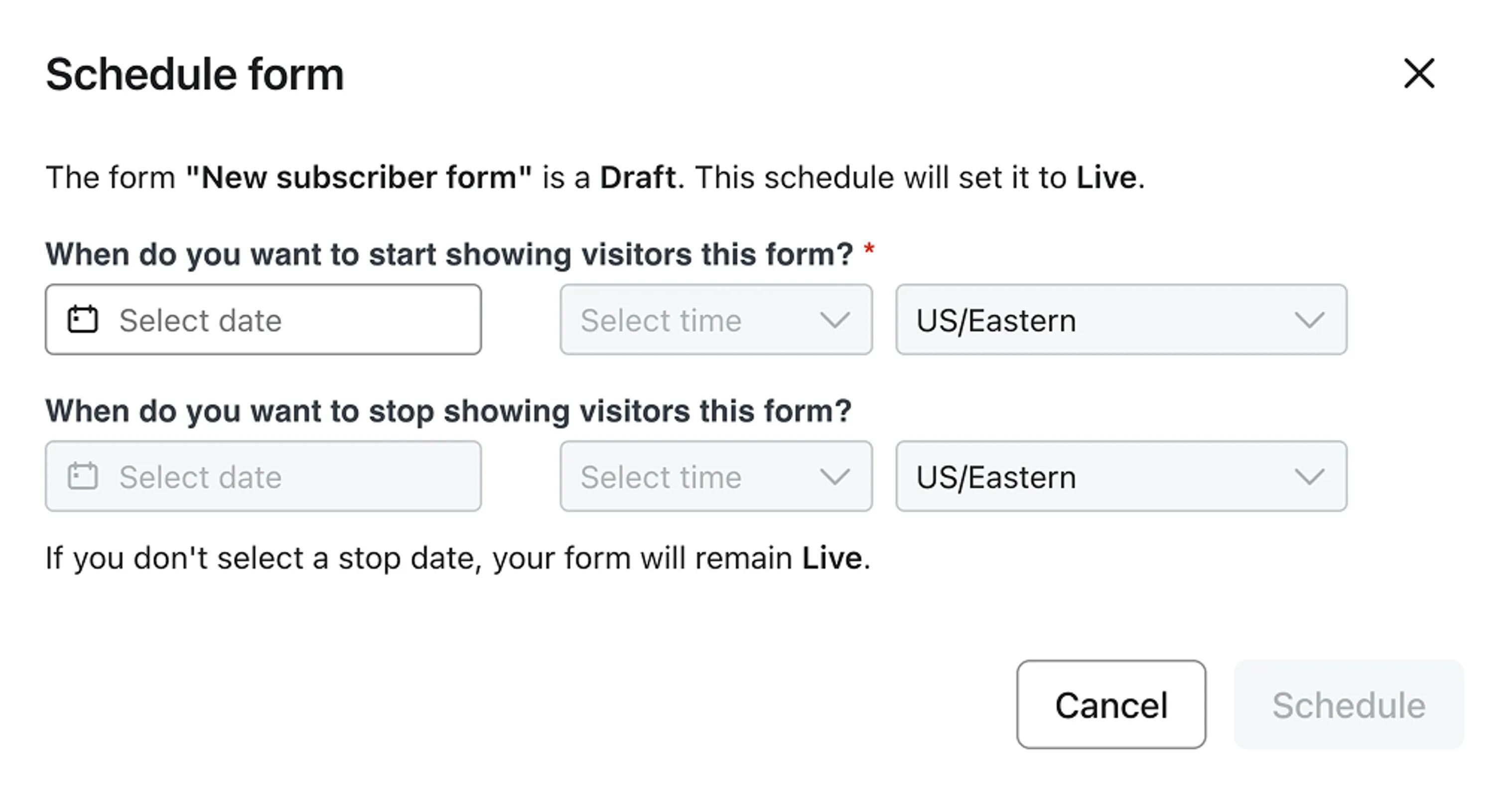 Screenshot of the form scheduling interface in Klaviyo.
