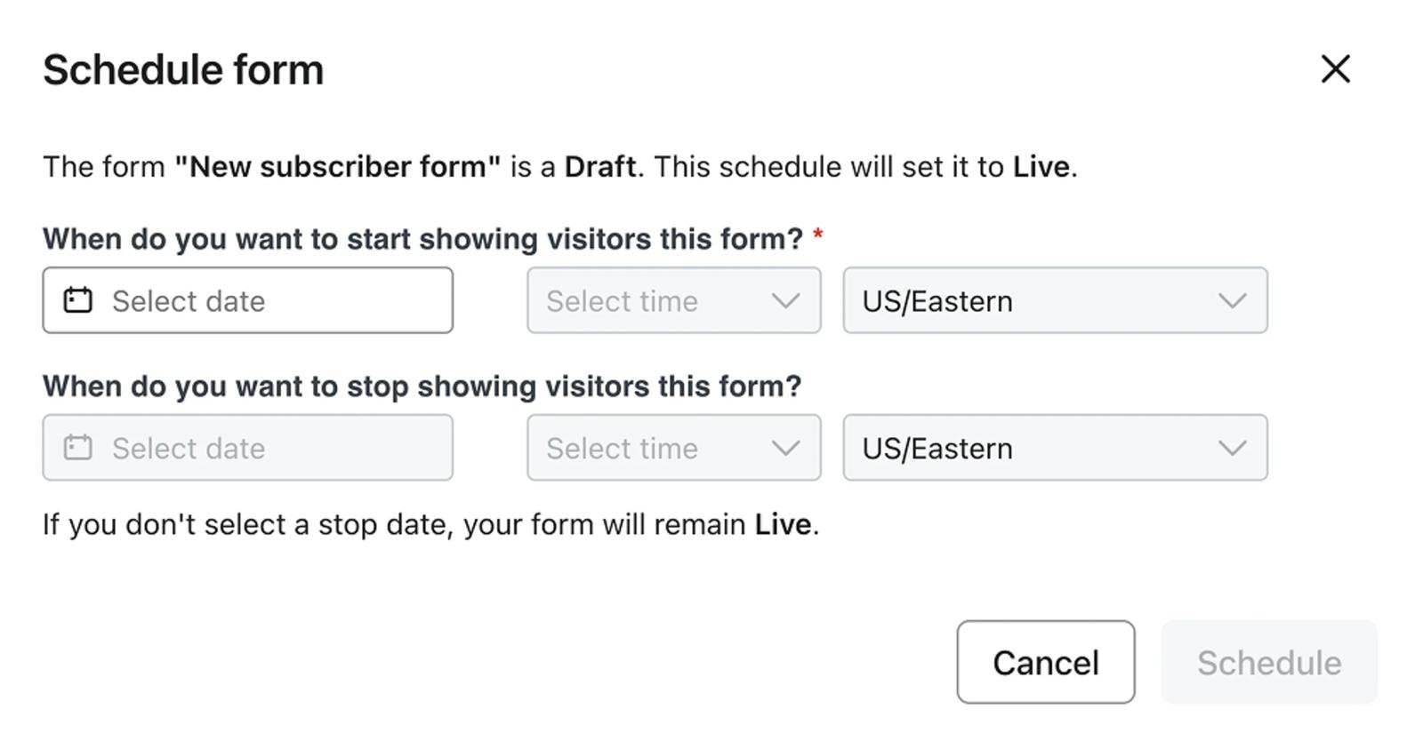 Screenshot of the form scheduling interface in Klaviyo.