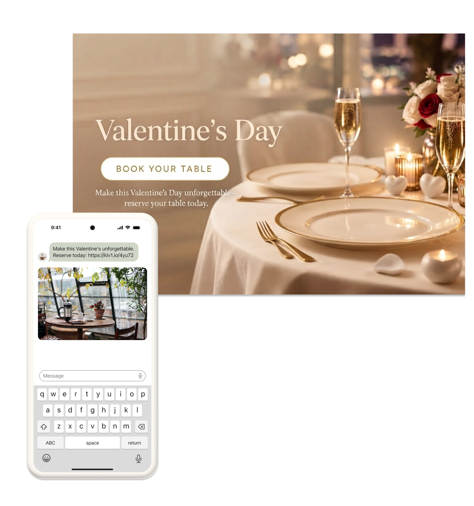 Valentine's Day ad featuring a romantic dinner table and a smartphone displaying a reservation message and restaurant image.