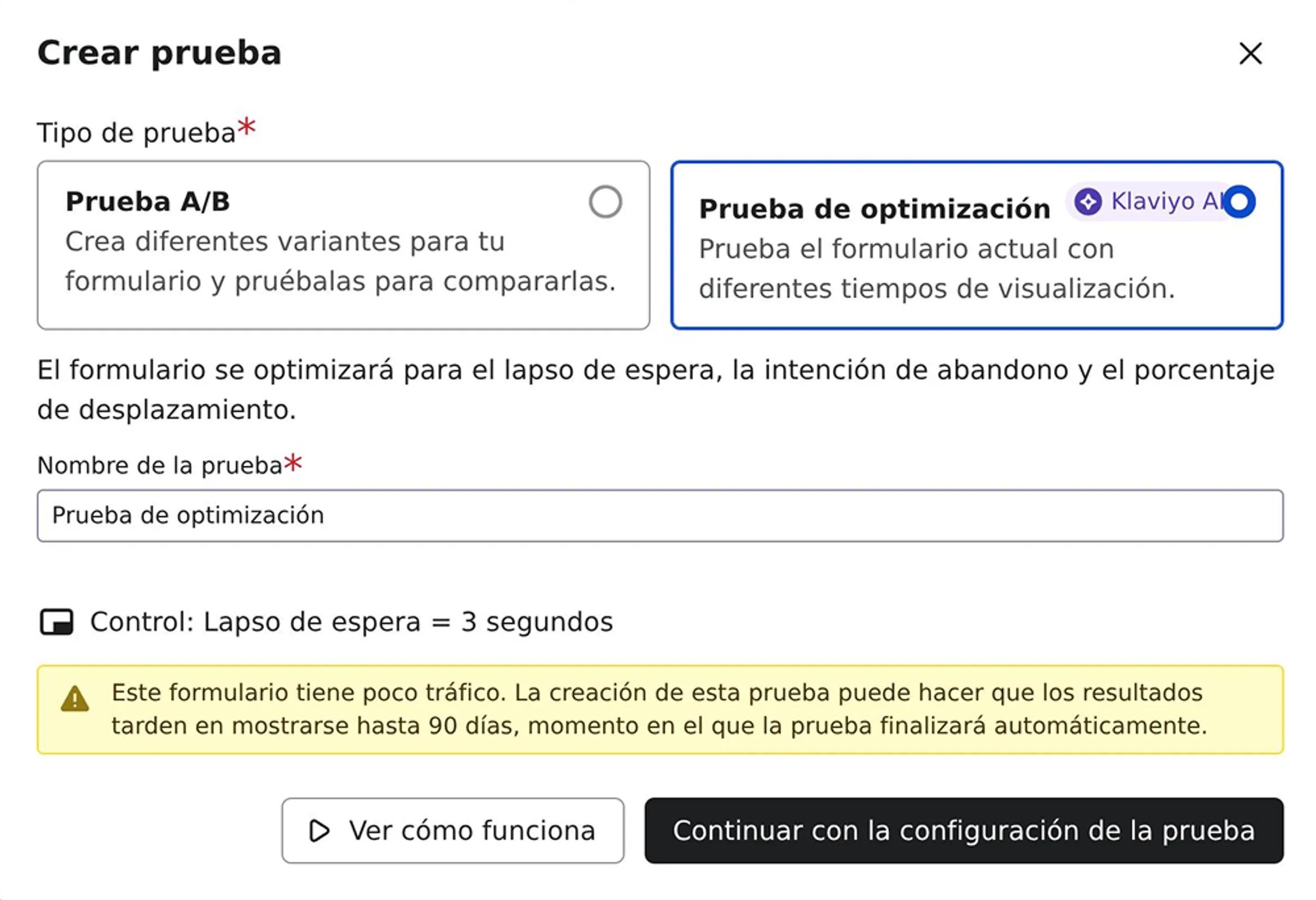 Example of selecting optimization test on the A/B testing modal.