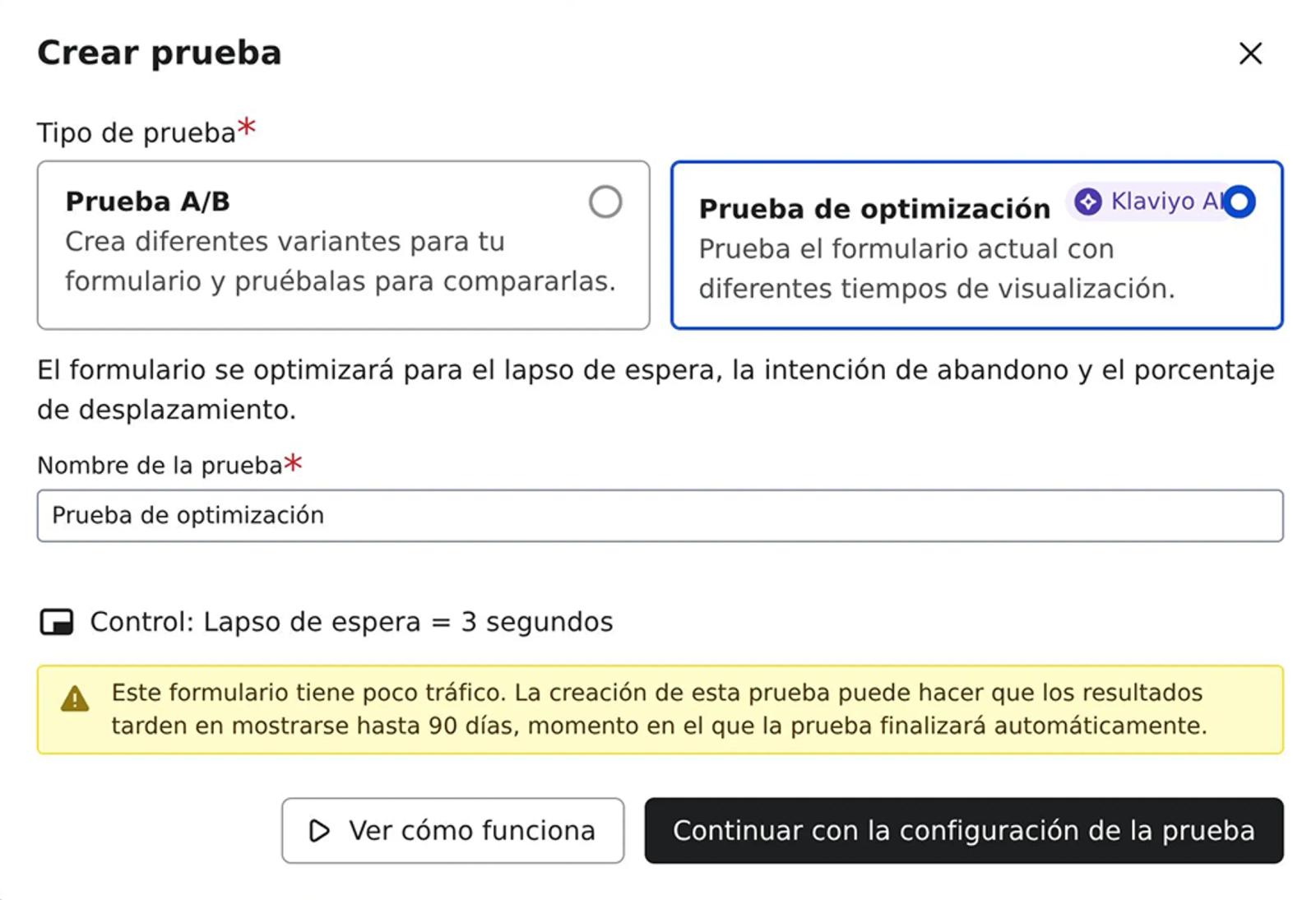Example of selecting optimization test on the A/B testing modal.