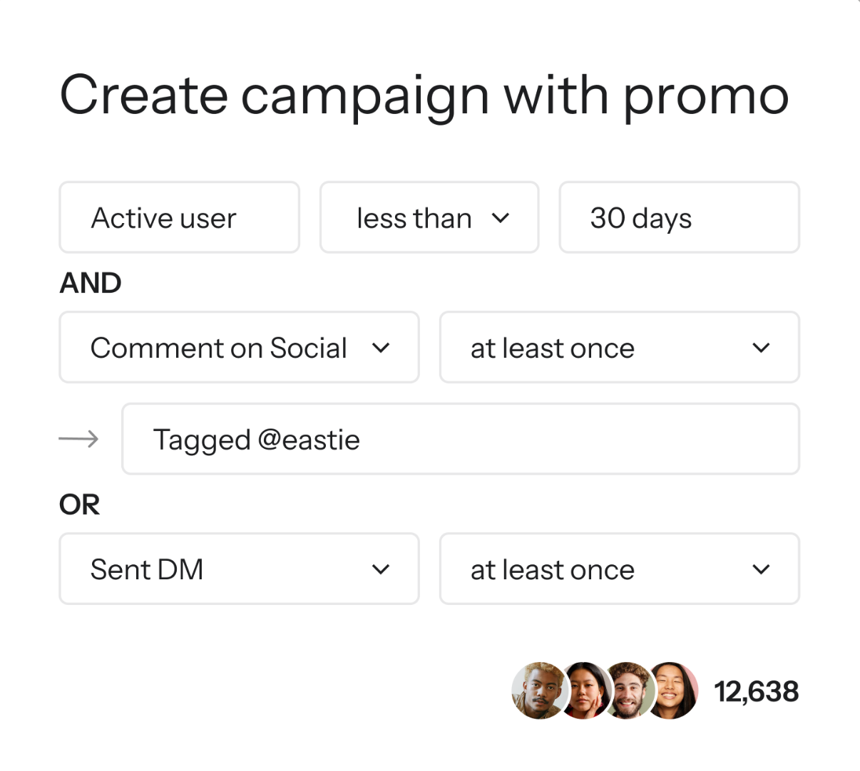 A segment that includes active users who have commented or sent a DM at least once, displaying 12,638 matching profiles.