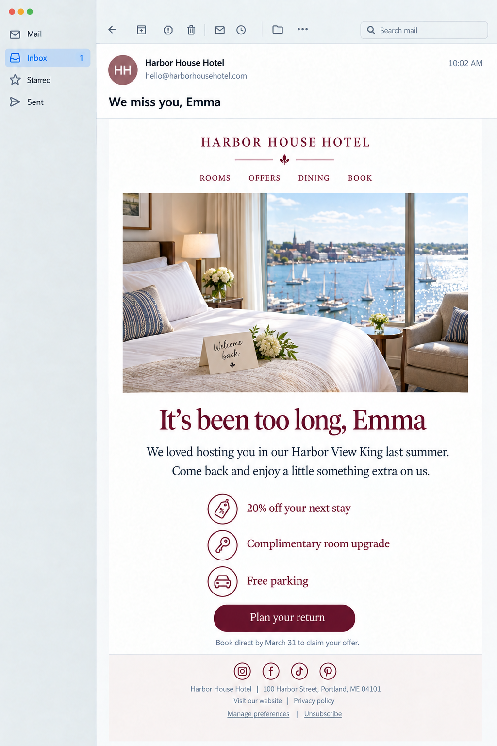 Re-engagement and winback email campaign from a hotel