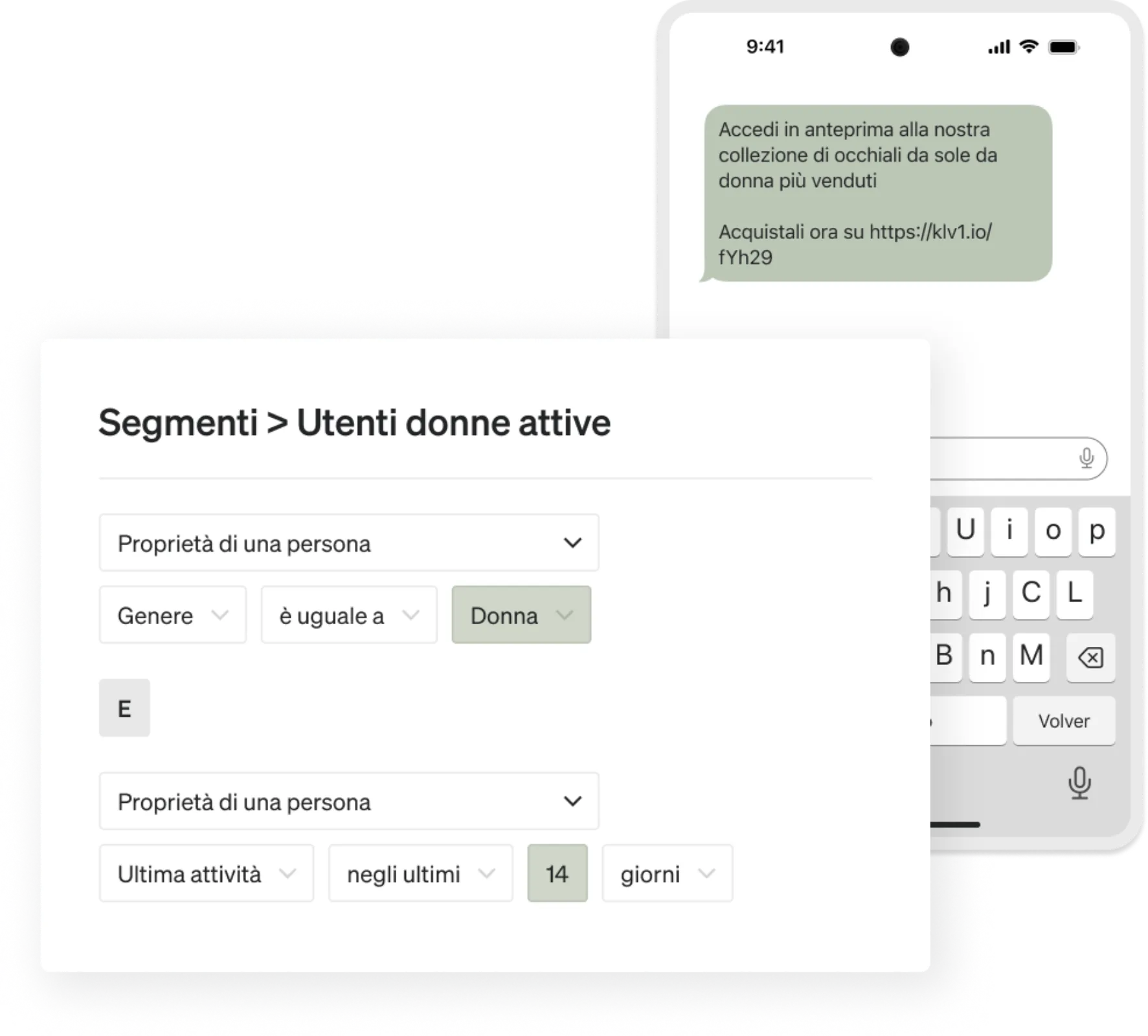 Product illustration of a segment and accompanying email promoting women's sunglasses to active female users.