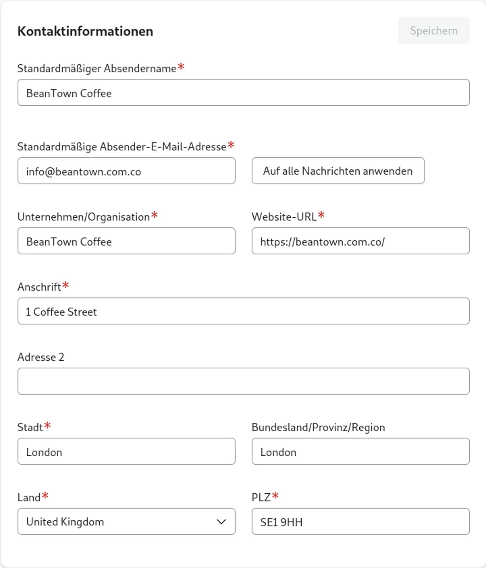 Ein Bild der Einstellungen für die Absenderinformationen in Klaviyo und von Absenderinformationen in einer E-Mail