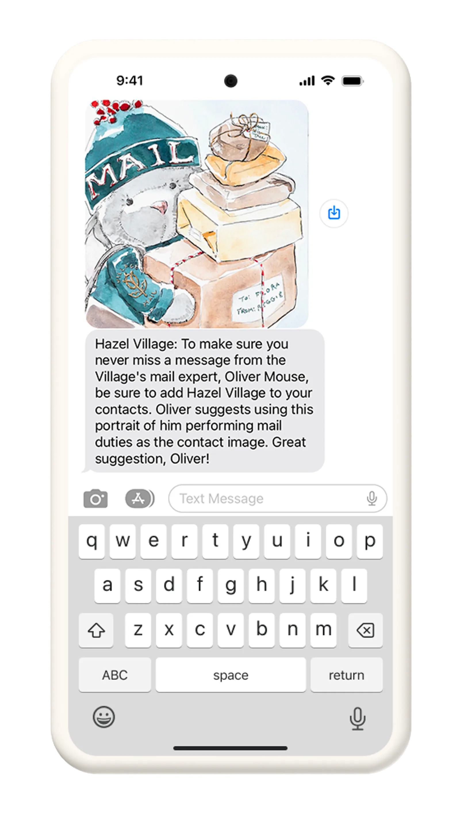 A text message from Hazel Village.