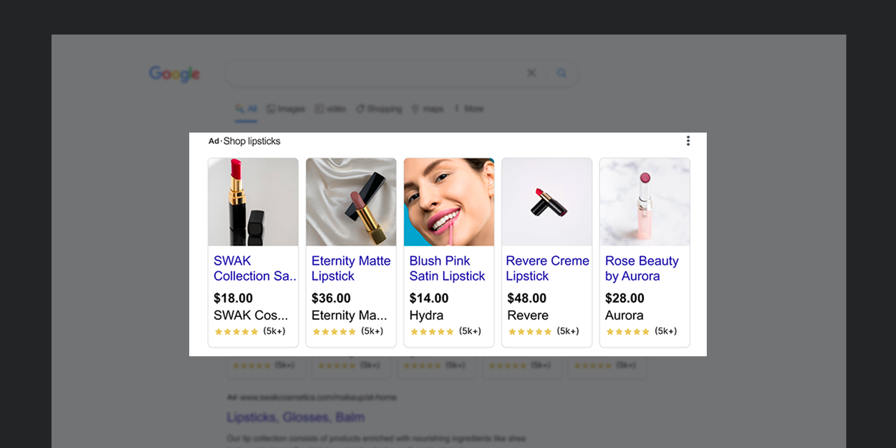 SWAK shopping ads that showcase their SWAK lipstick collection, ratings, and price to encourage someone to shop.