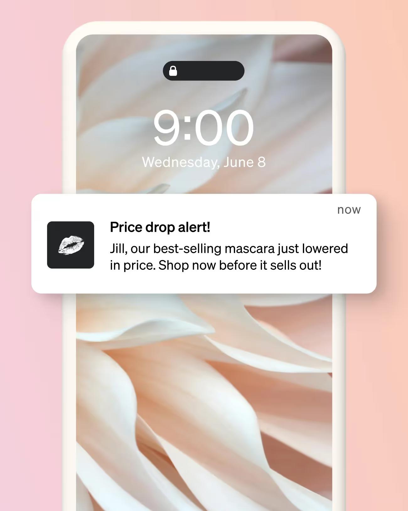 An example price drop text that let's someone know an item they wanted is now listed at a lower price.