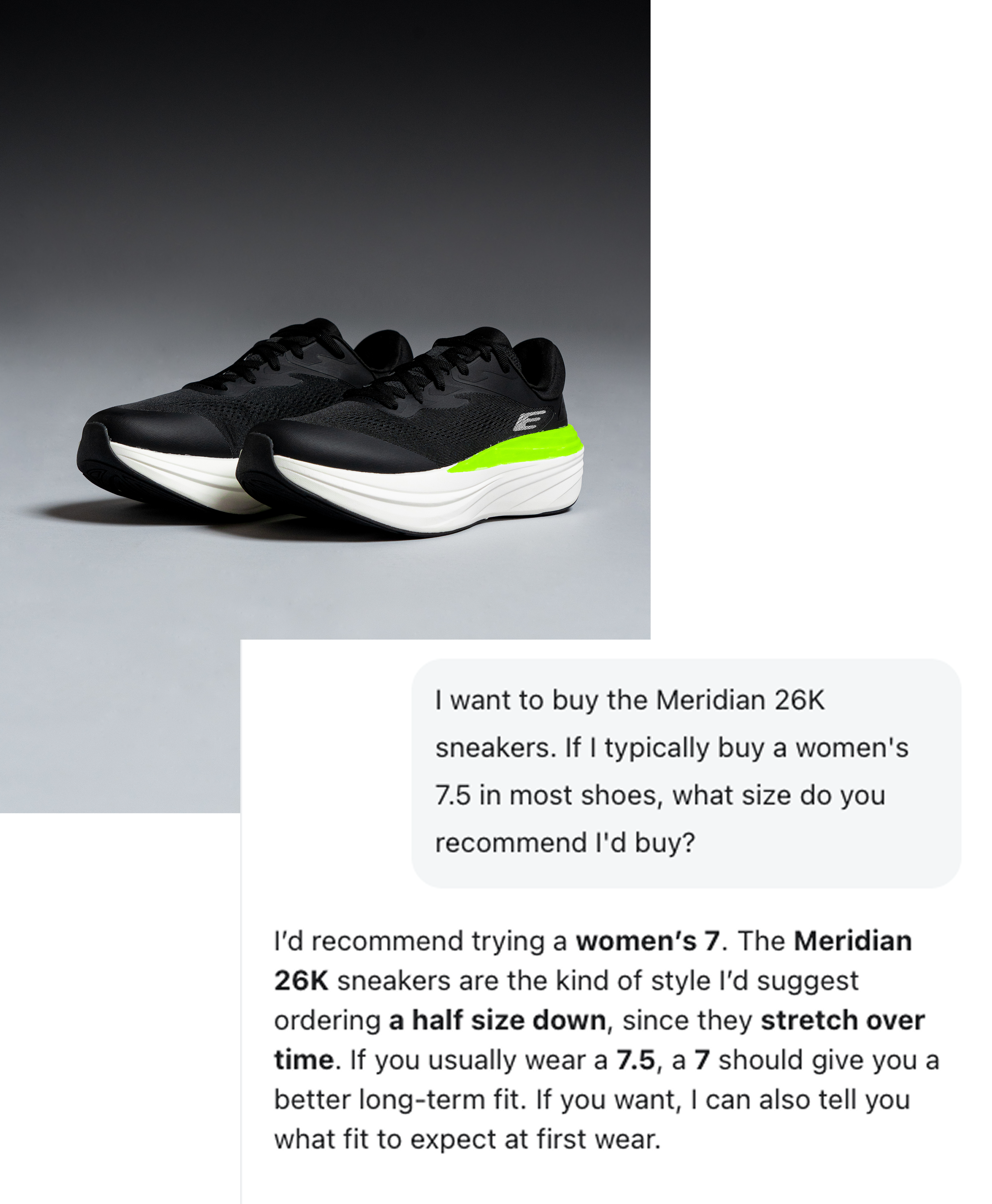 Customer Agent uses the size assistant custom skill to provide a recommendation to a customer.
