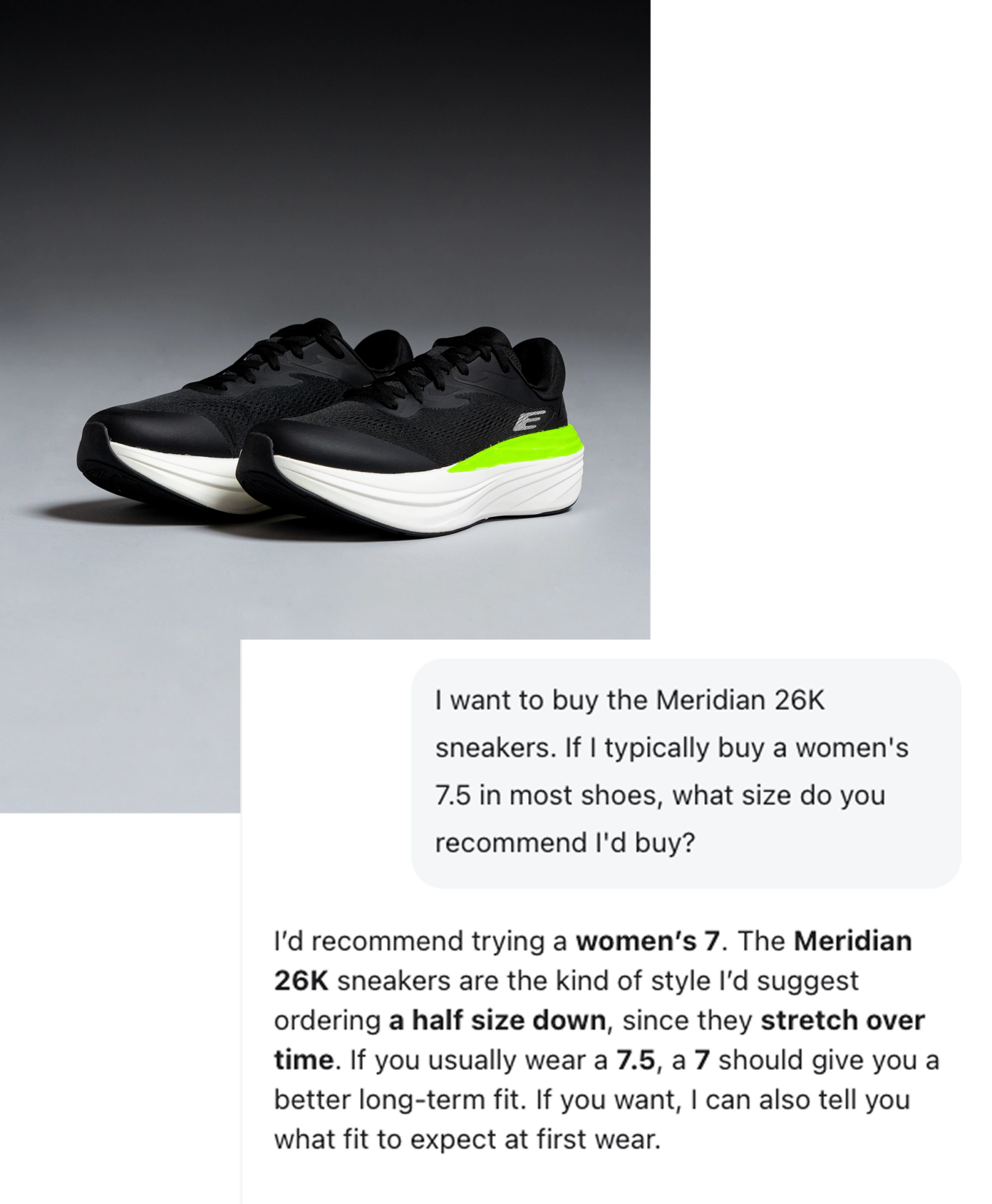 Customer Agent uses the size assistant custom skill to provide a recommendation to a customer.