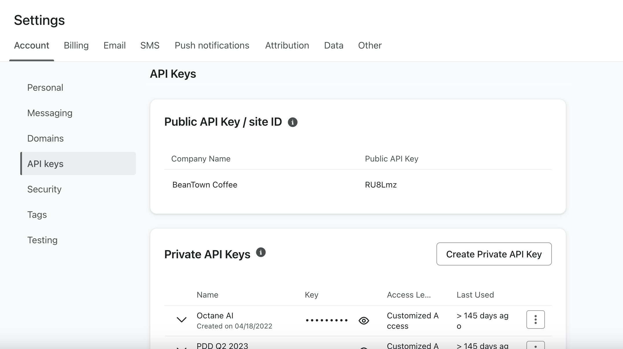 API keys settings in Klaviyo