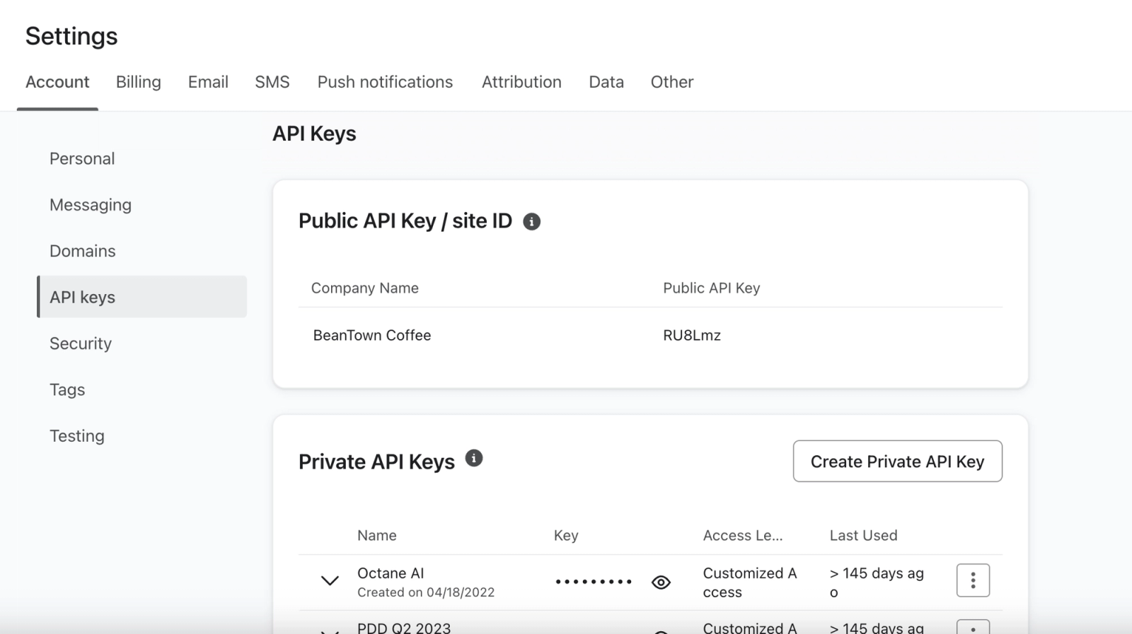 API keys settings in Klaviyo
