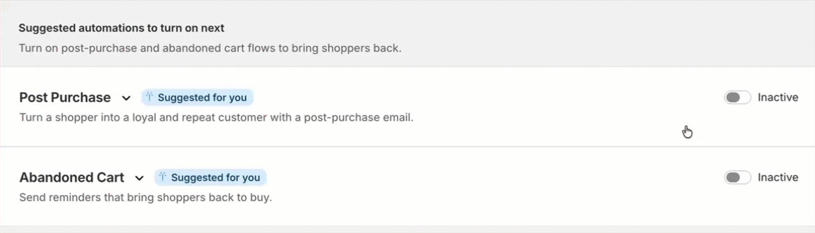 UI showing suggested Post Purchase and Abandoned Cart automations, both currently inactive.