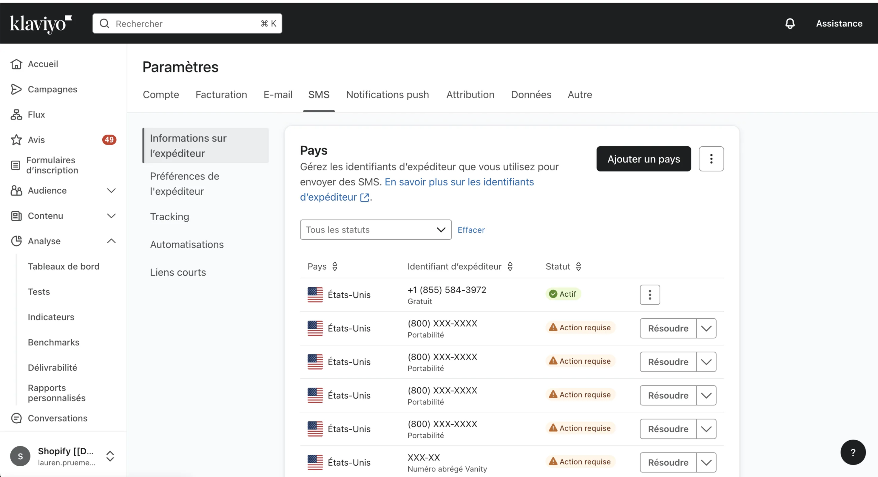 Page SMS dans l'onglet paramètres du compte Klaviyo