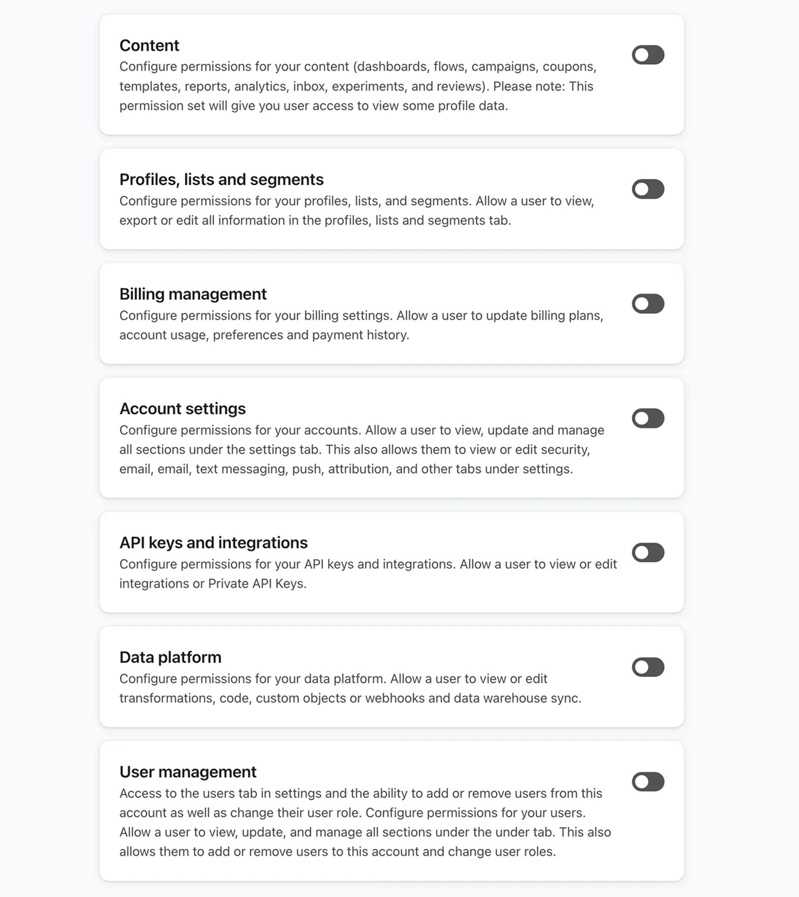 Custom user role product areas