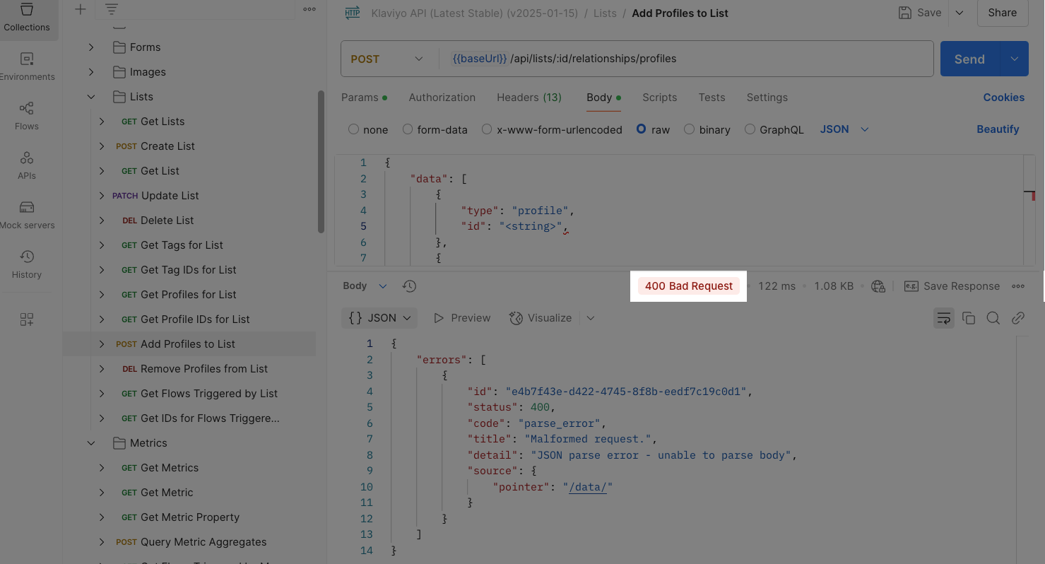 400 error in Postman