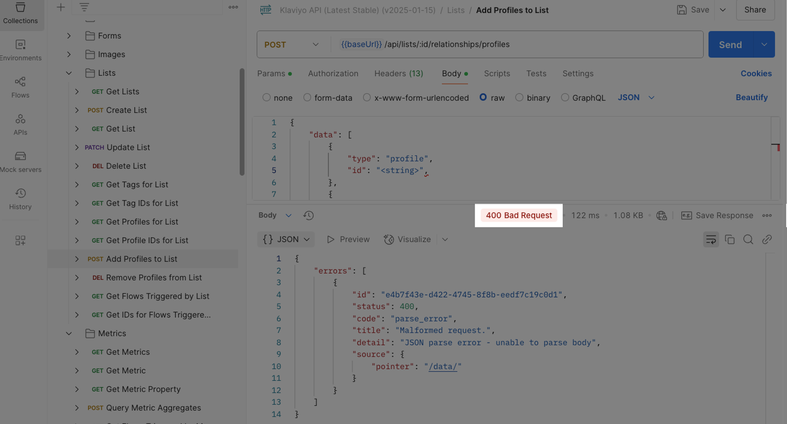 400 error in Postman