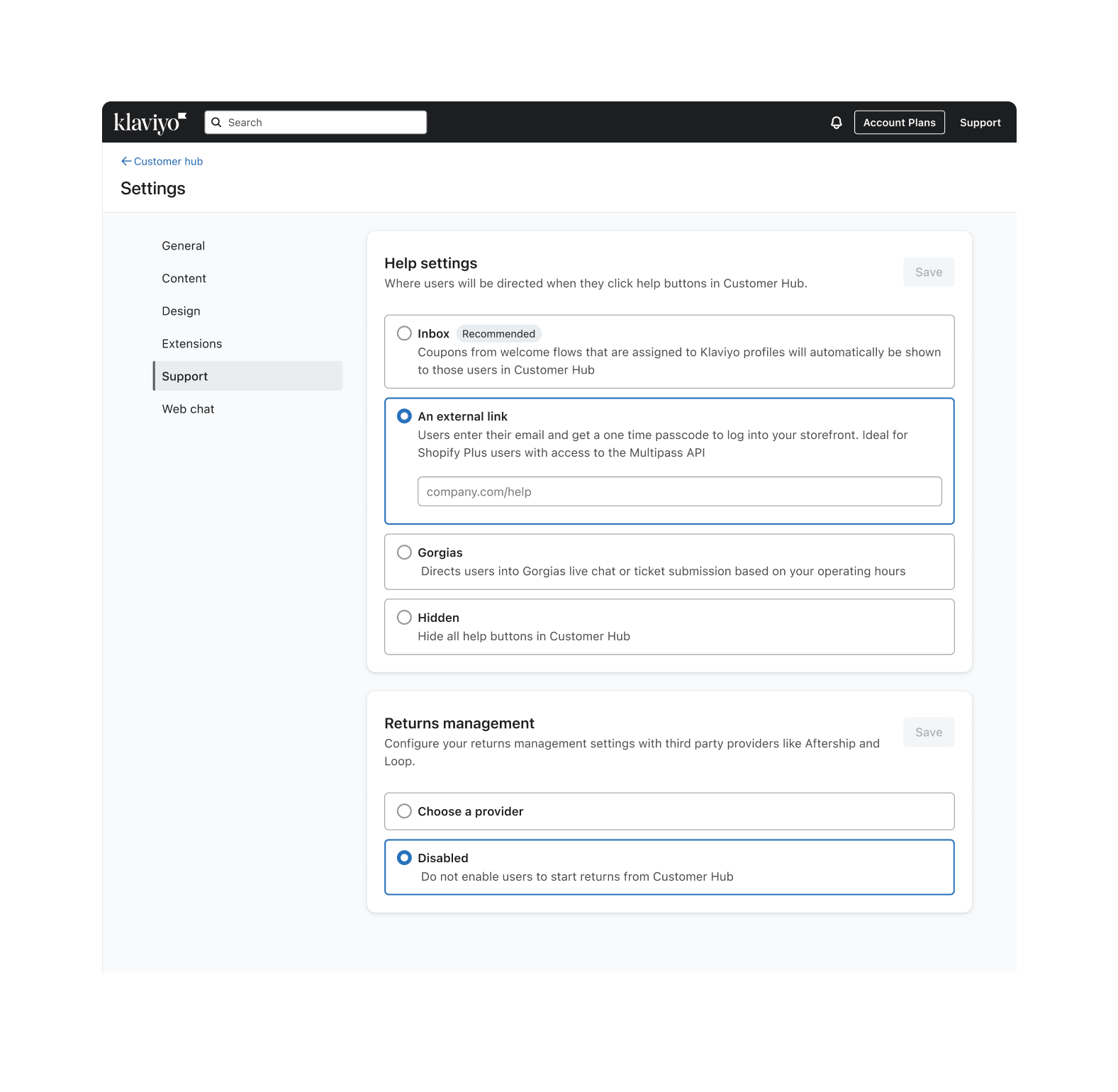 The Support options page in Customer Hub.