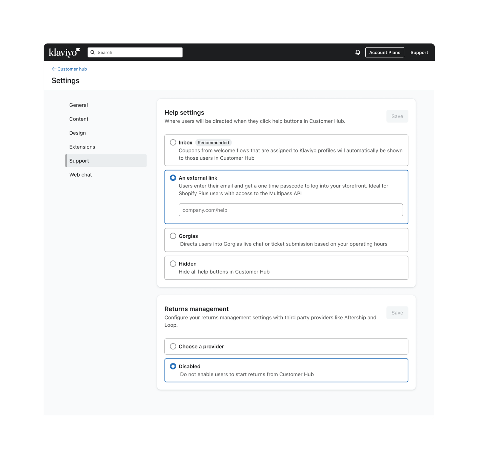 The Support options page in Customer Hub.