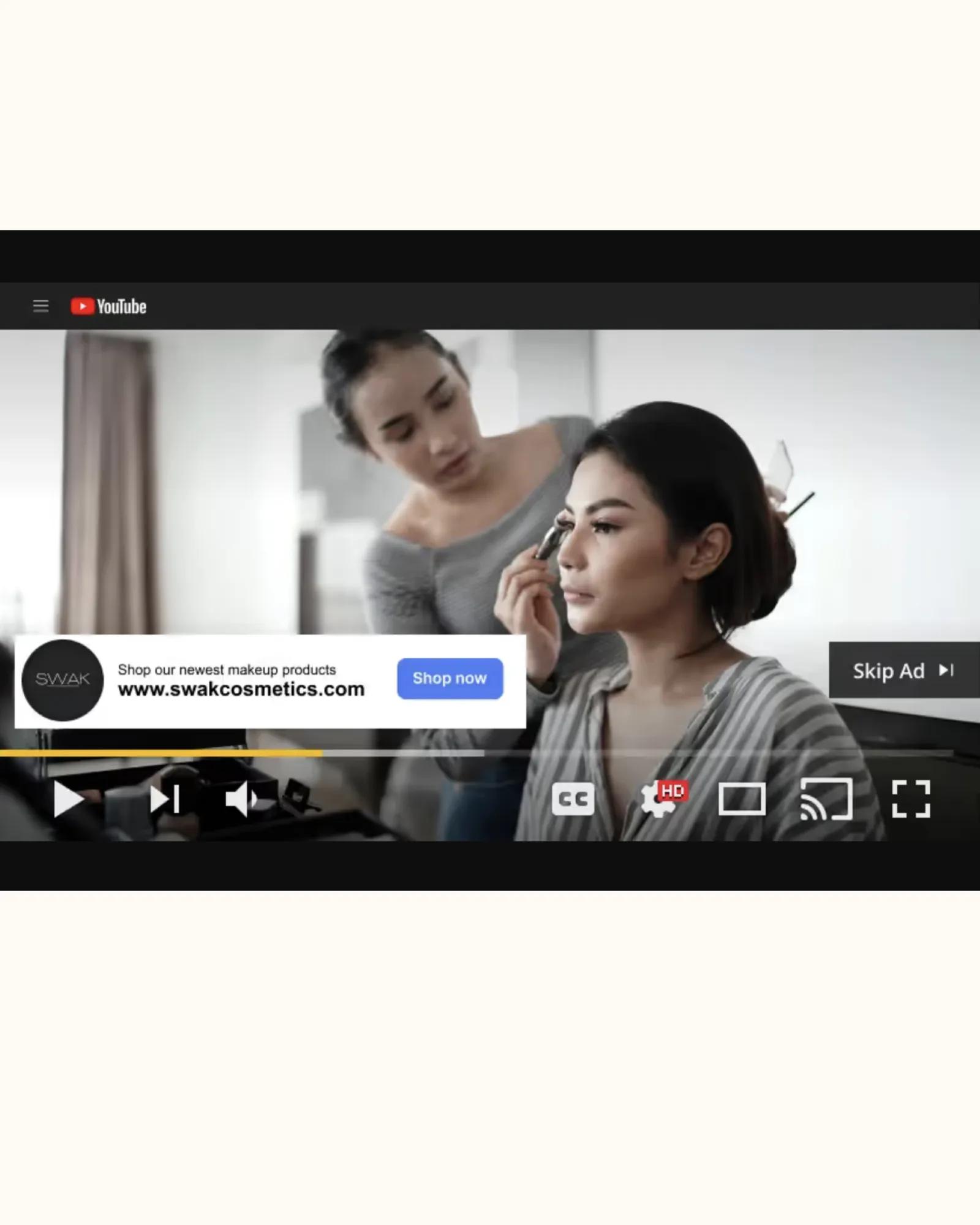 Example of a video ad from SWAK Cosmetics appearing at the beginning of a relevant YouTube video.