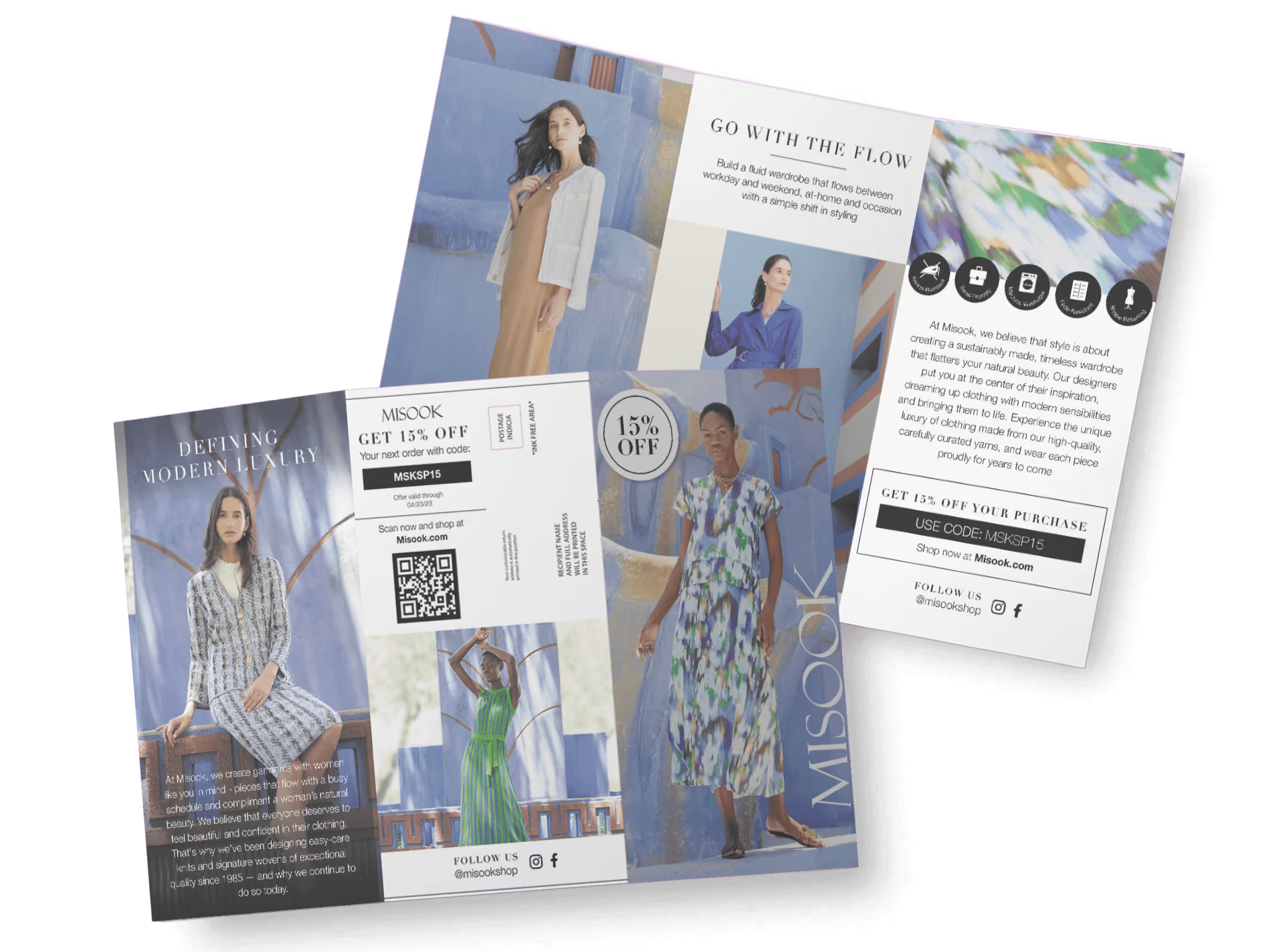 Two unfolded Misook fashion brochures displaying models and a 15% discount offer.