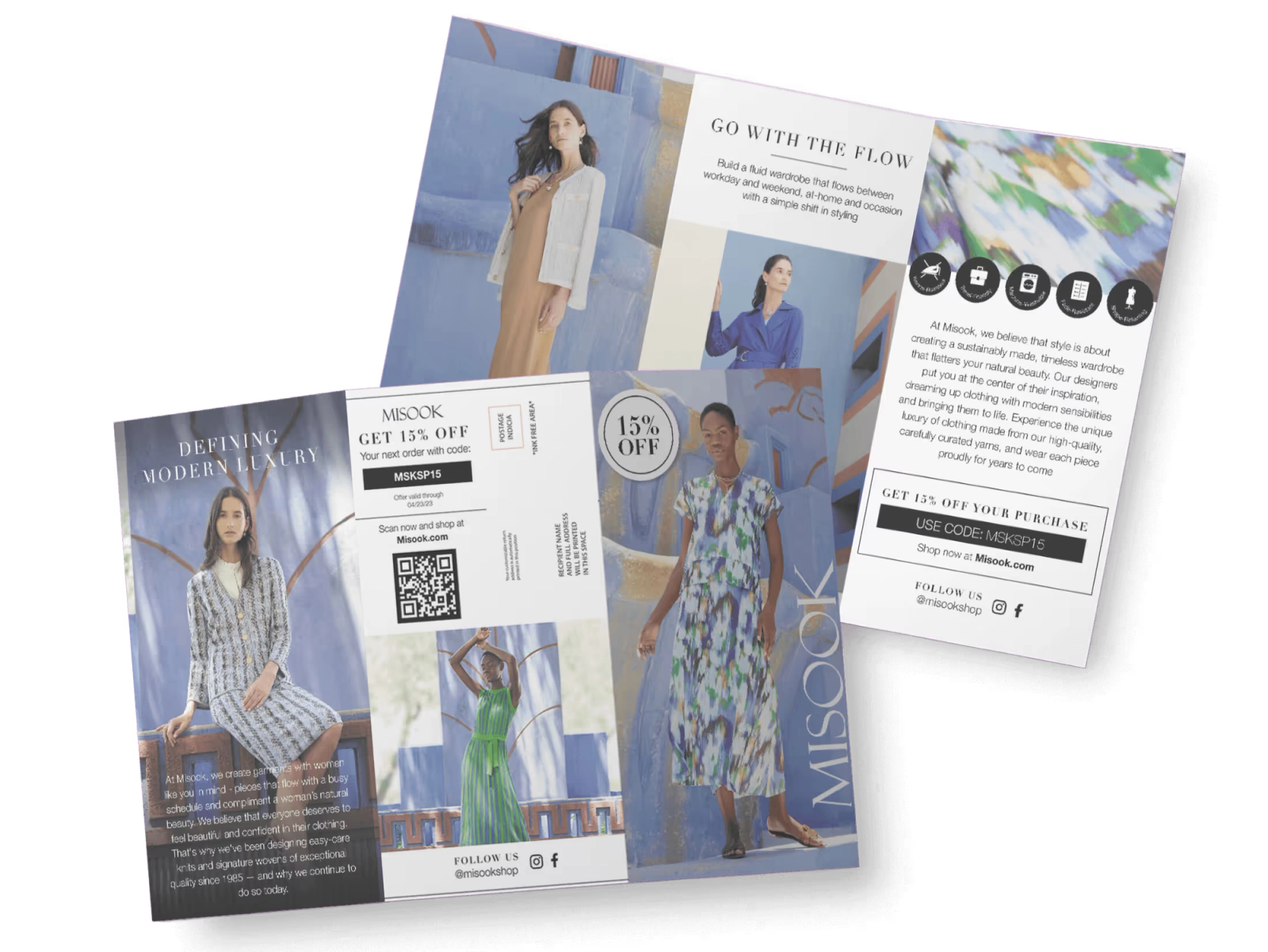 Two unfolded Misook fashion brochures displaying models and a 15% discount offer.