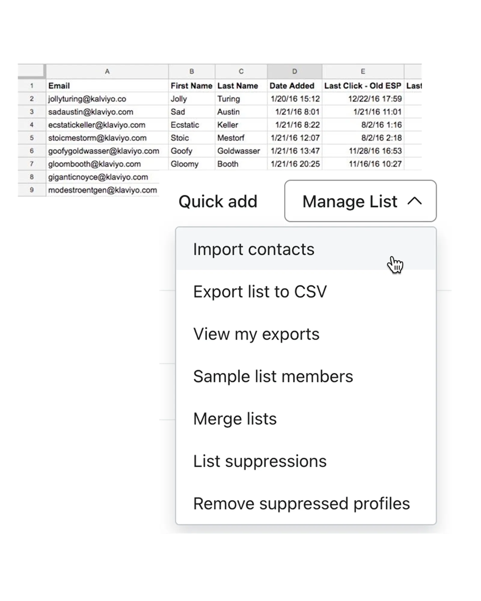 An example CSV with the option to import contacts manually in Klaviyo