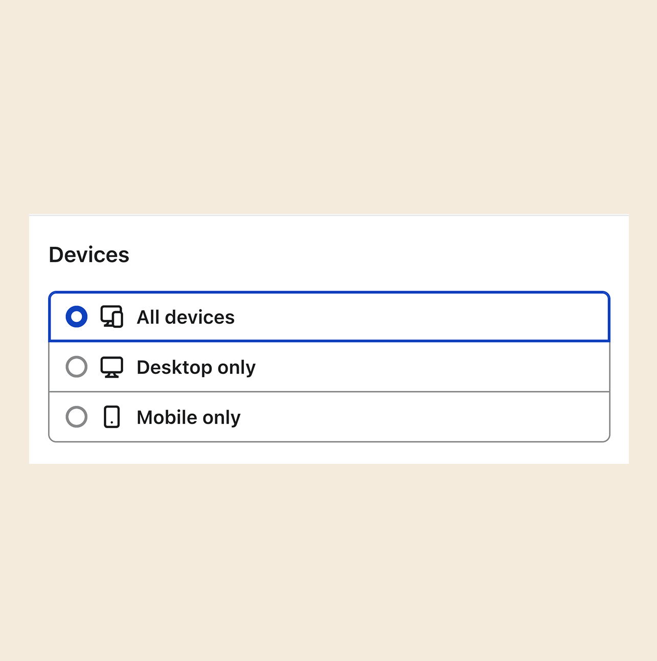 Device type section of the display tab