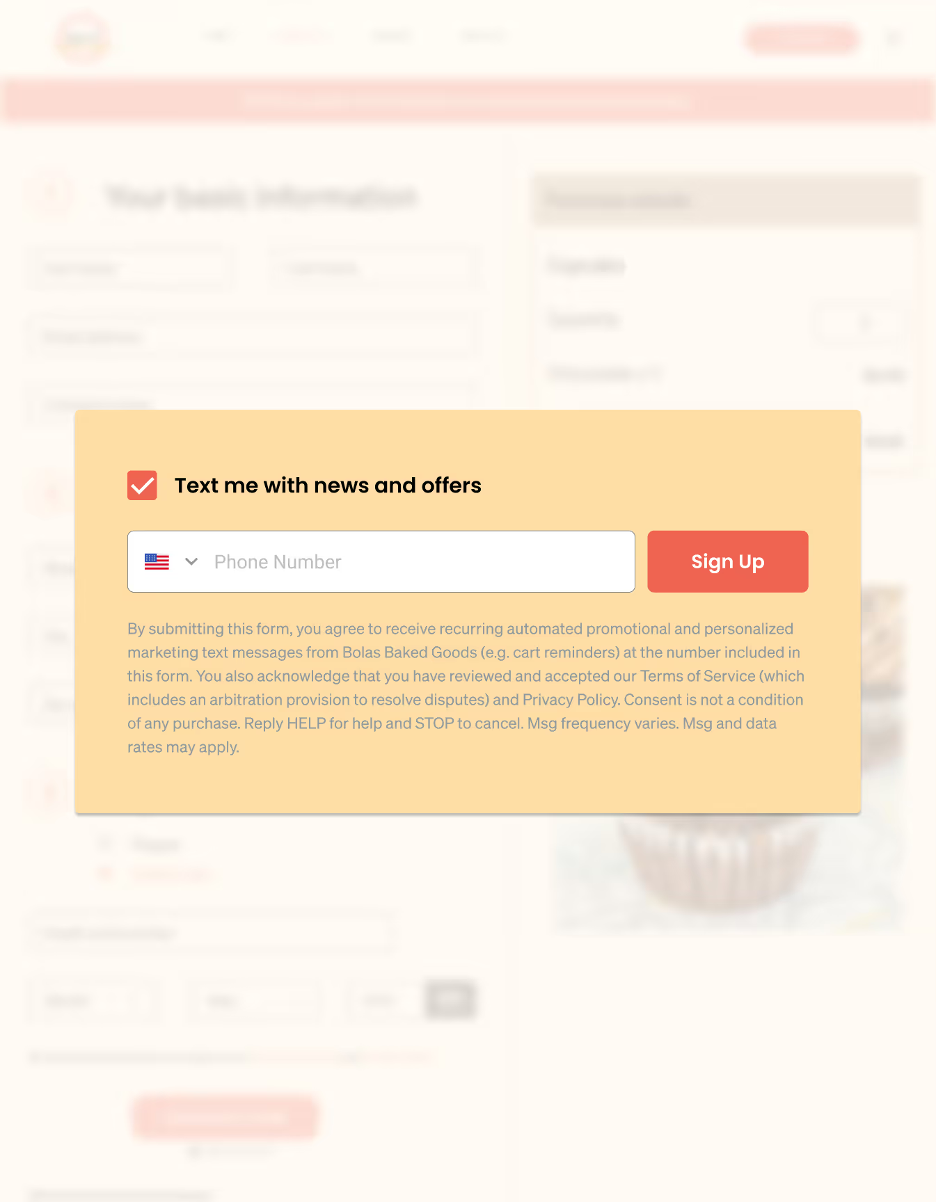 Marketing consent checkboxes for text messages shown during checkout