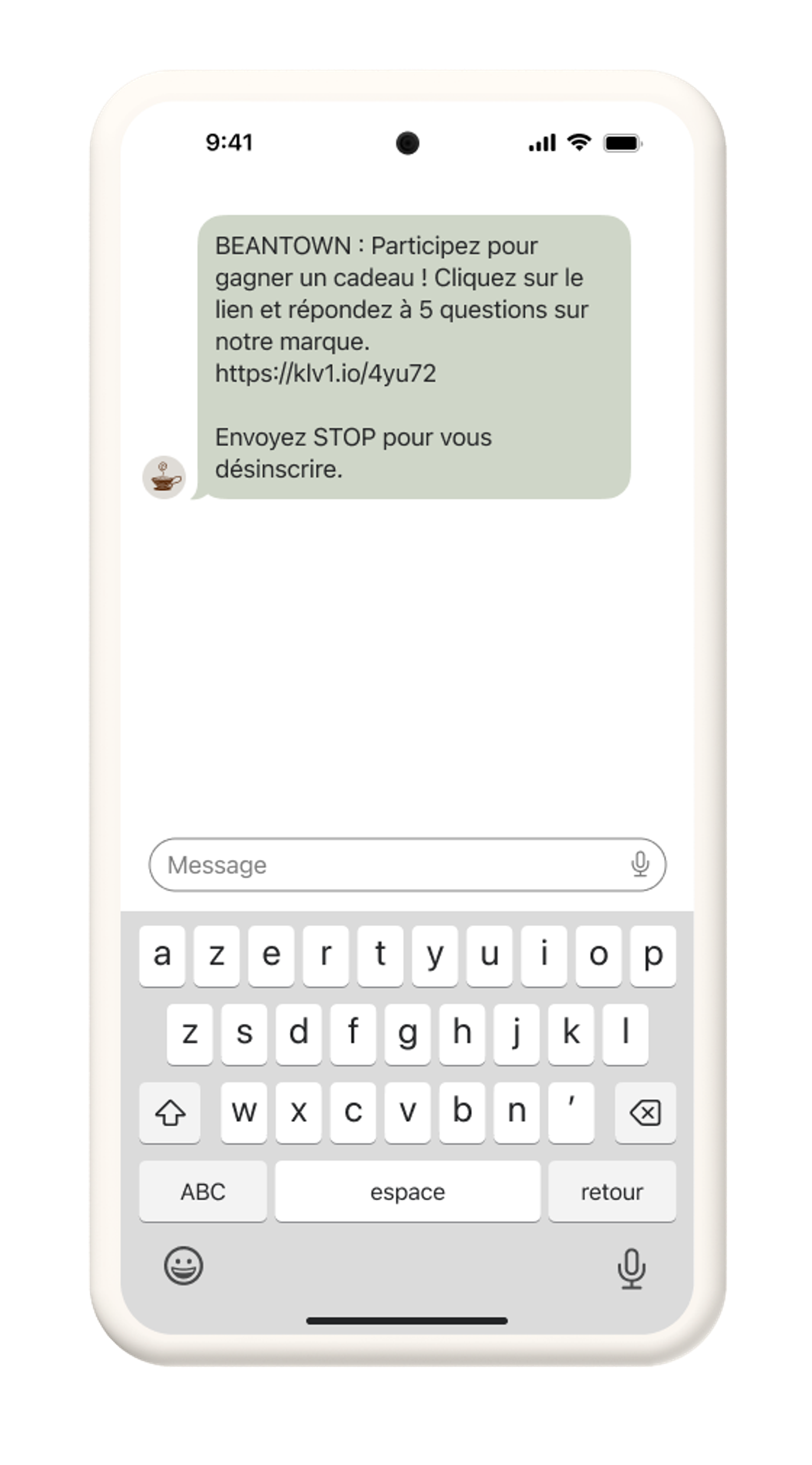 SMS invitant les abonnés à se rendre sur une page d'accueil pour jouer à un jeu. 