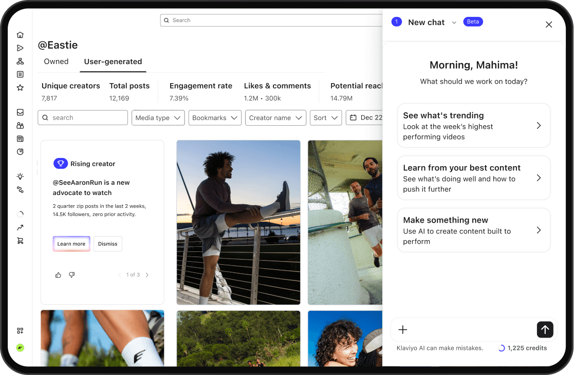 A dashboard displays user-generated content analytics and posts, alongside an open AI chat assistant panel greeting "Morning, Mahima!" and suggesting content creation tasks.