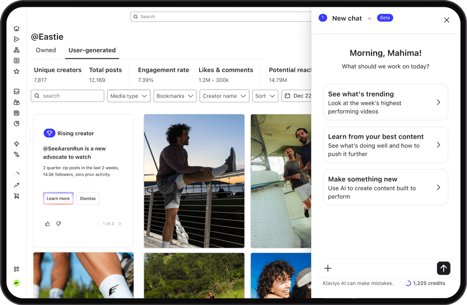 A digital dashboard displaying user-generated content analytics and a chat AI assistant offering content suggestions.
