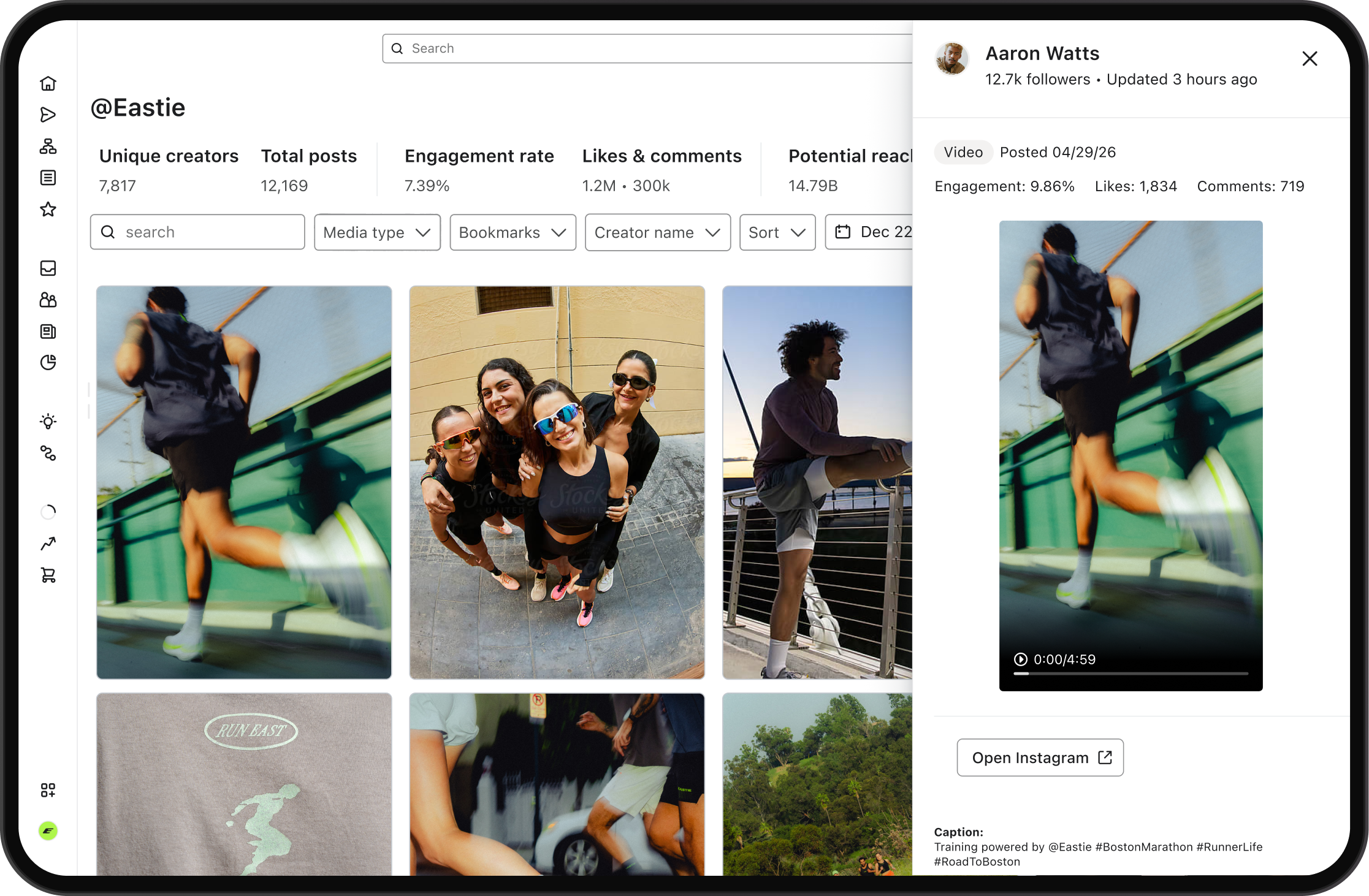 A digital platform displaying a grid of social media posts and analytics for @Eastie, alongside a pop-up showing a running video and engagement data from Aaron Watts.