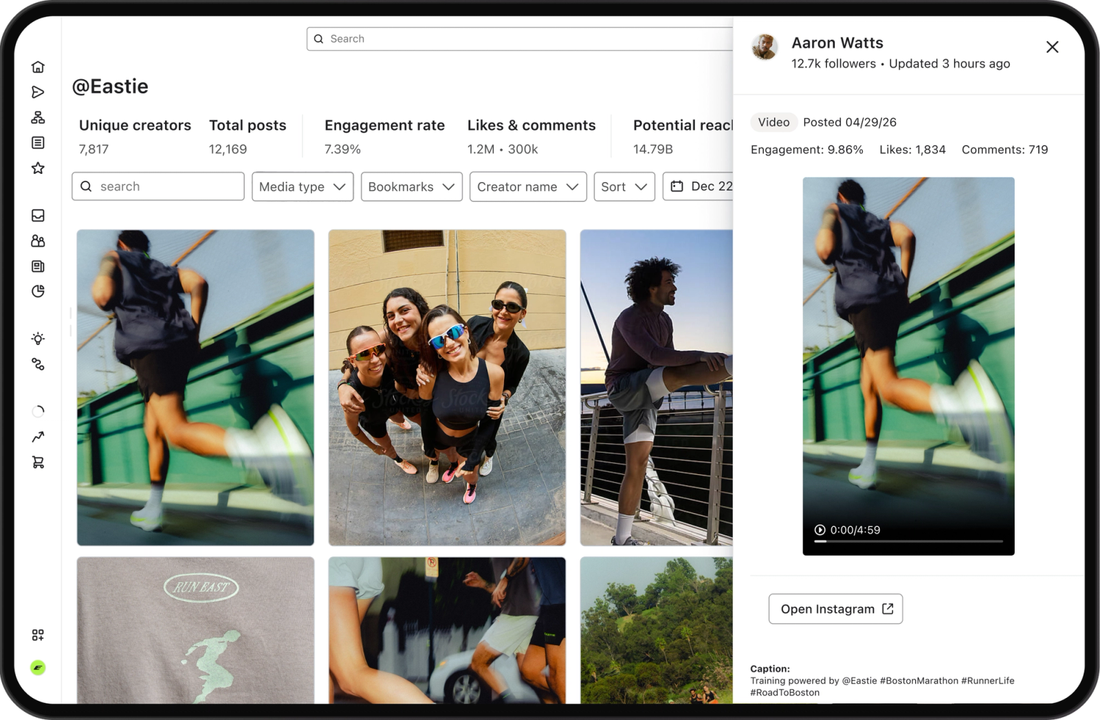 A digital platform displaying a grid of social media posts and analytics for @Eastie, alongside a pop-up showing a running video and engagement data from Aaron Watts.