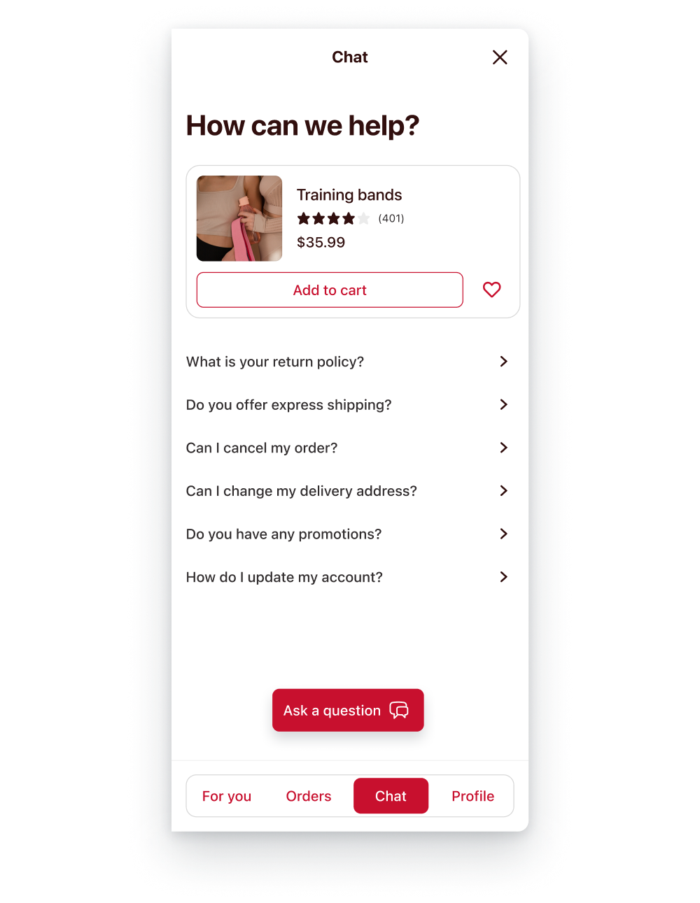 The chat window, including frequently asked question buttons for common questions