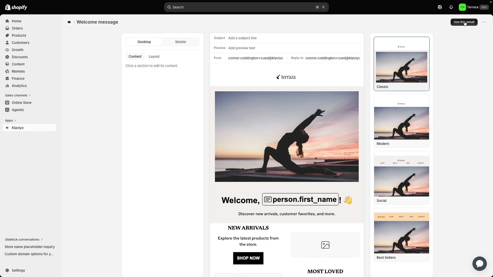 Shopify's email editor showing a welcome message template with a yoga image and multiple mobile layout previews.