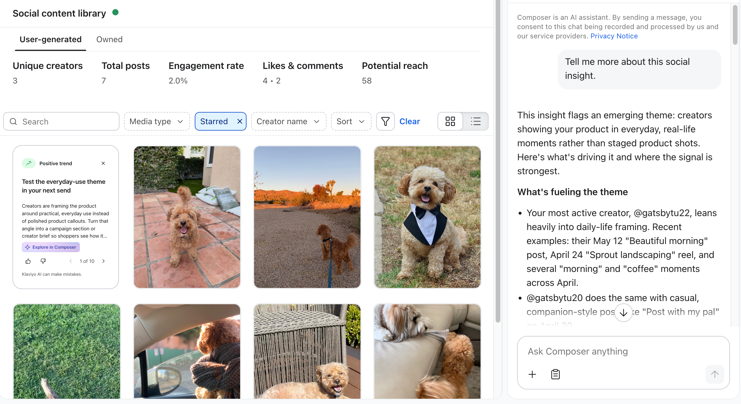 A social content library dashboard showing user-generated photos of a poodle and an AI assistant discussing insights on everyday, real-life social content.