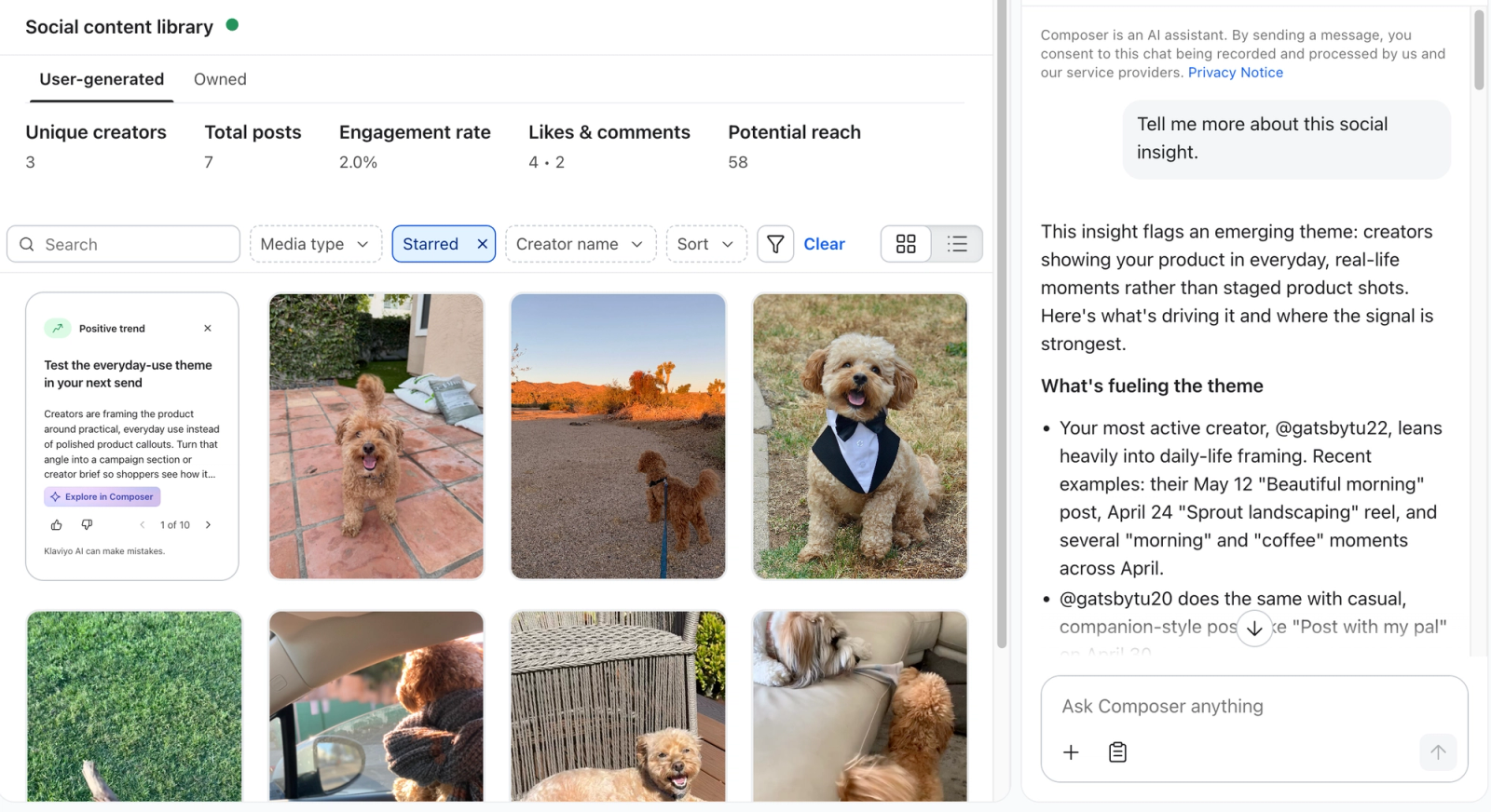 A social content library dashboard showing user-generated photos of a poodle and an AI assistant discussing insights on everyday, real-life social content.