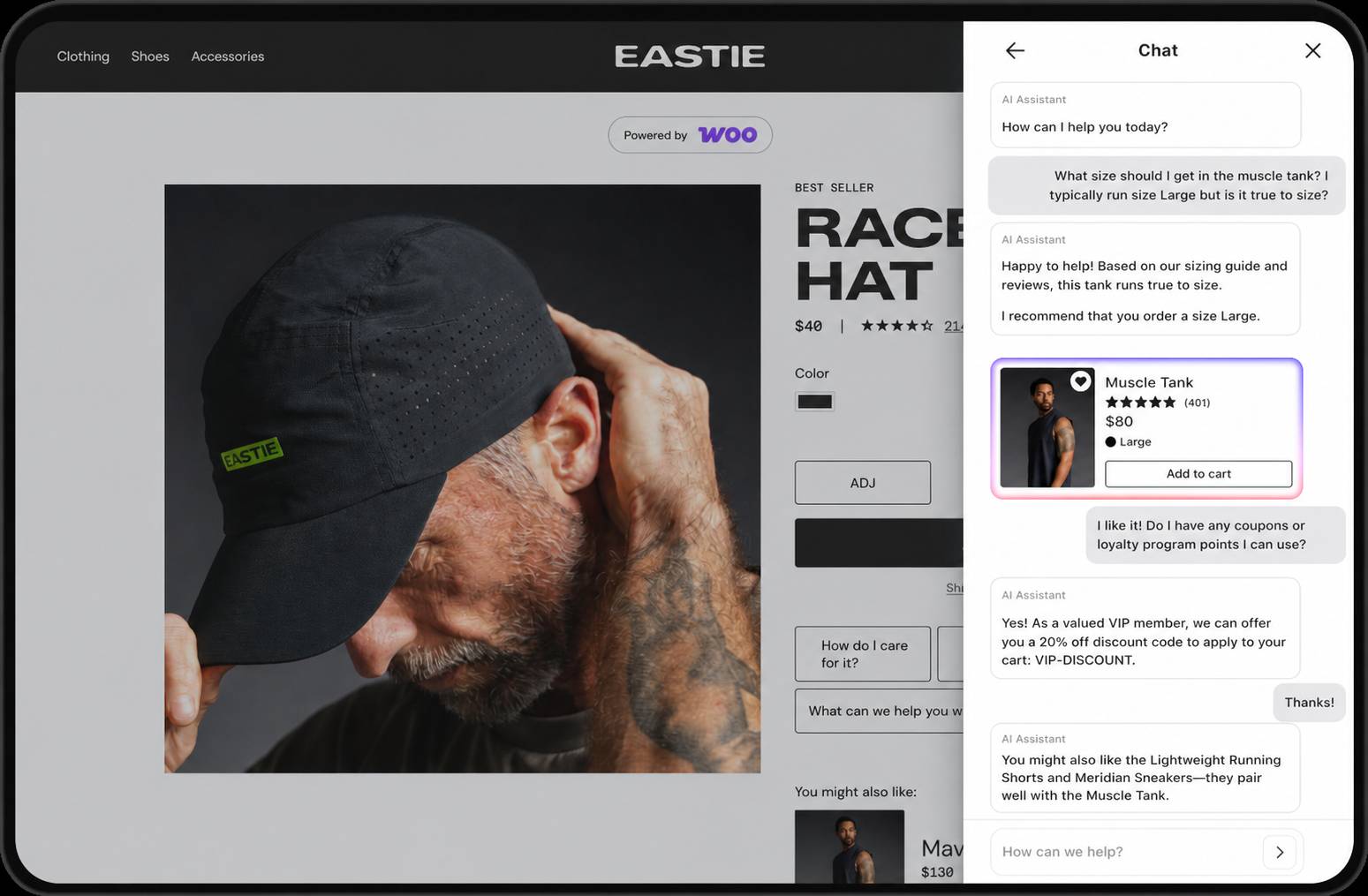 Mobile e-commerce site showing a black cap product page and an AI chat assistant giving sizing advice and recommendations.