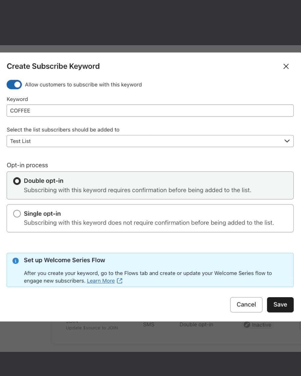 Example Beantown custom subscribe keyword: "COFFEE".