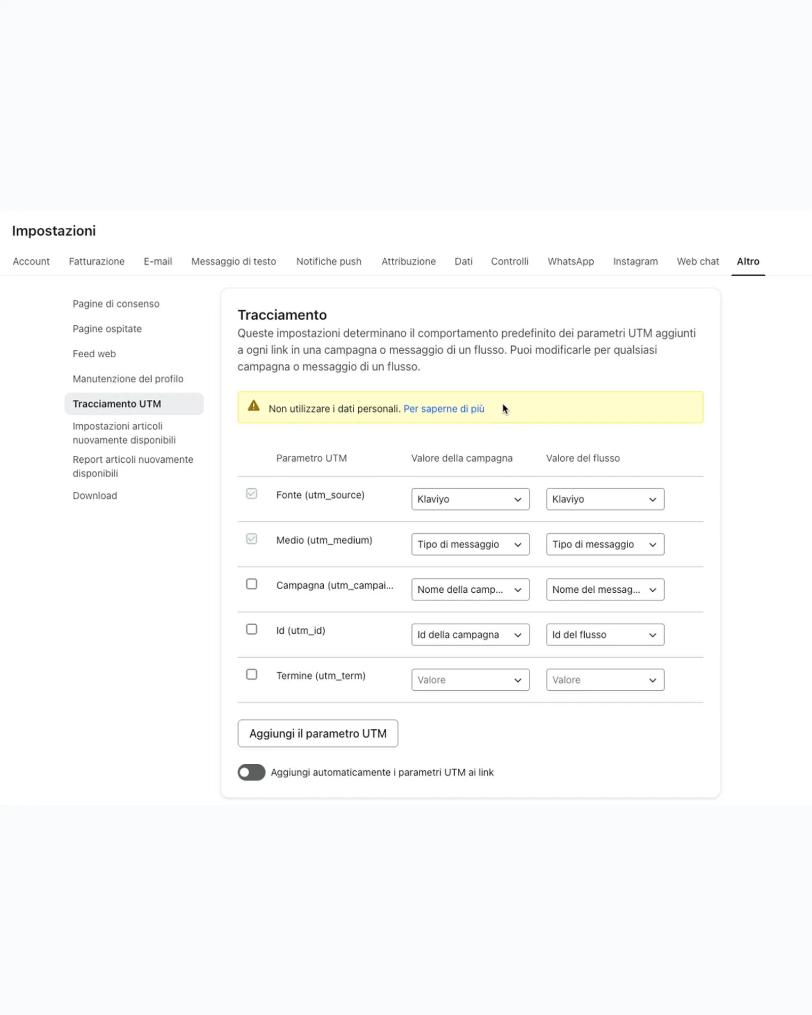 Impostazioni per il tracciamento UTM in Klaviyo