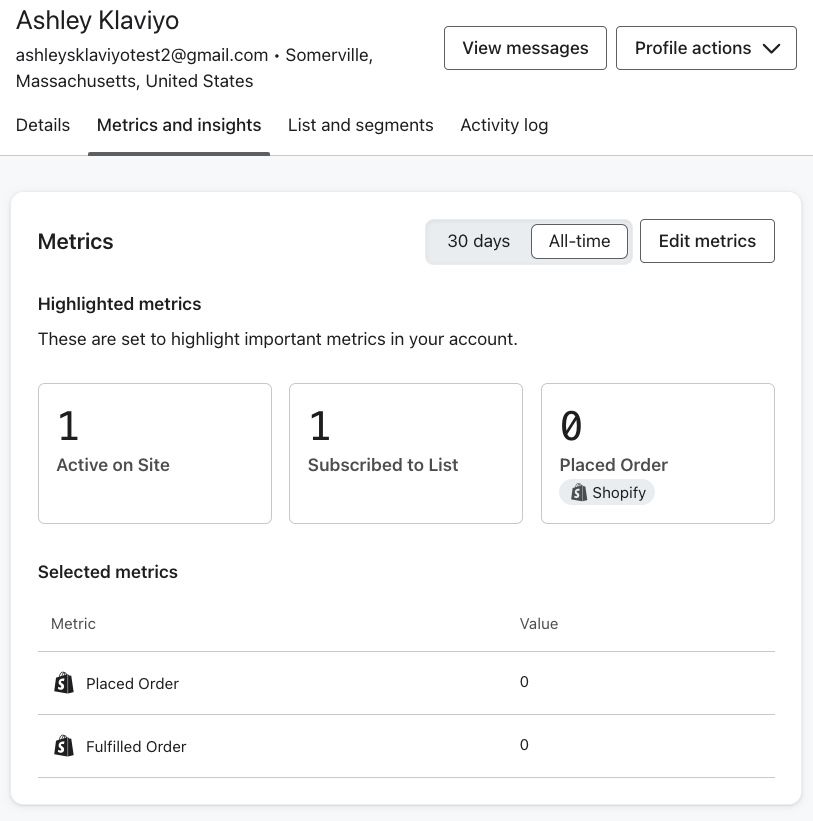 Example Klaviyo profile in which someone has subscribed and been active on site, but has not yet placed an order.