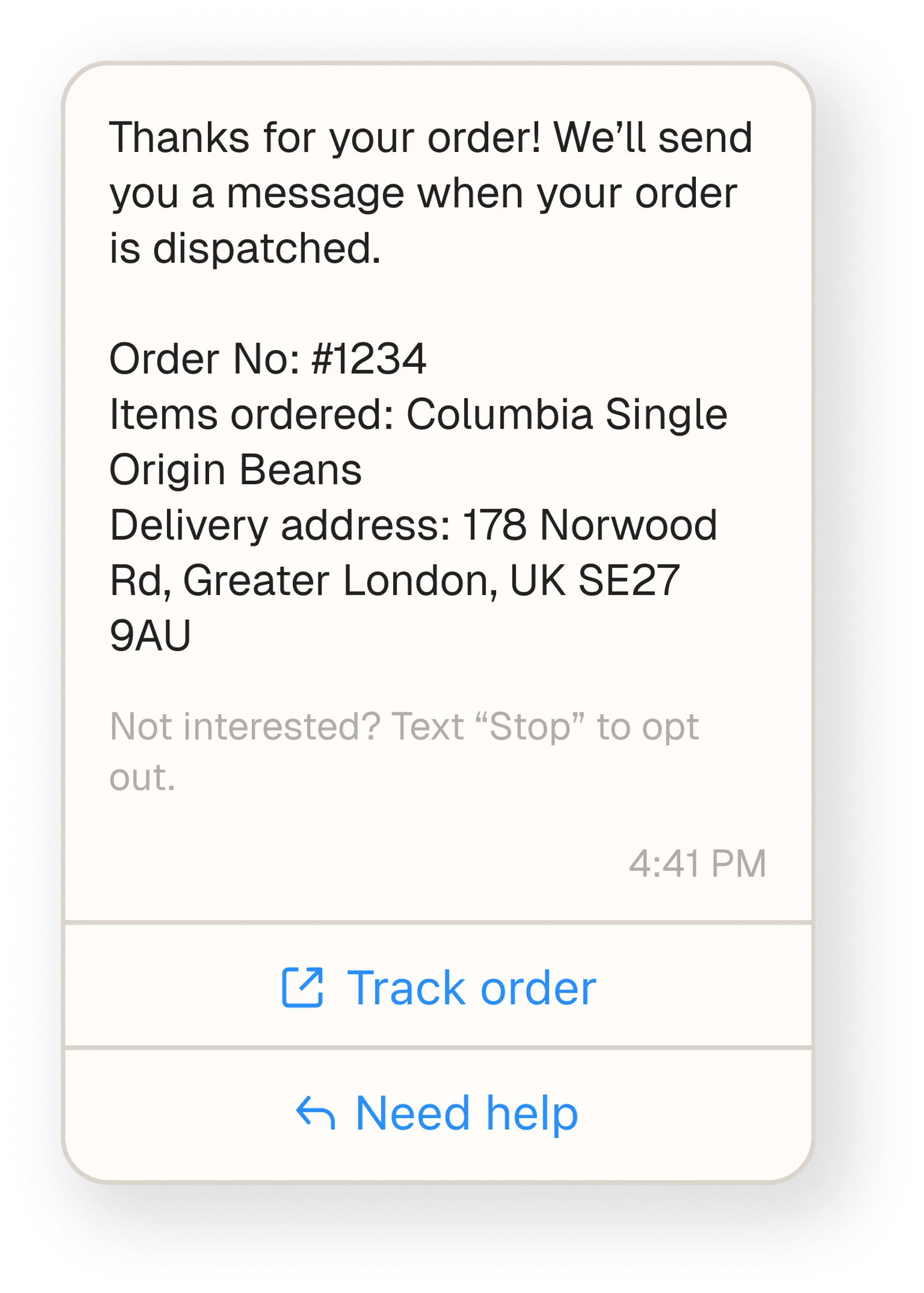 An order confirmation message from Beantown Coffee sent via WhatsApp