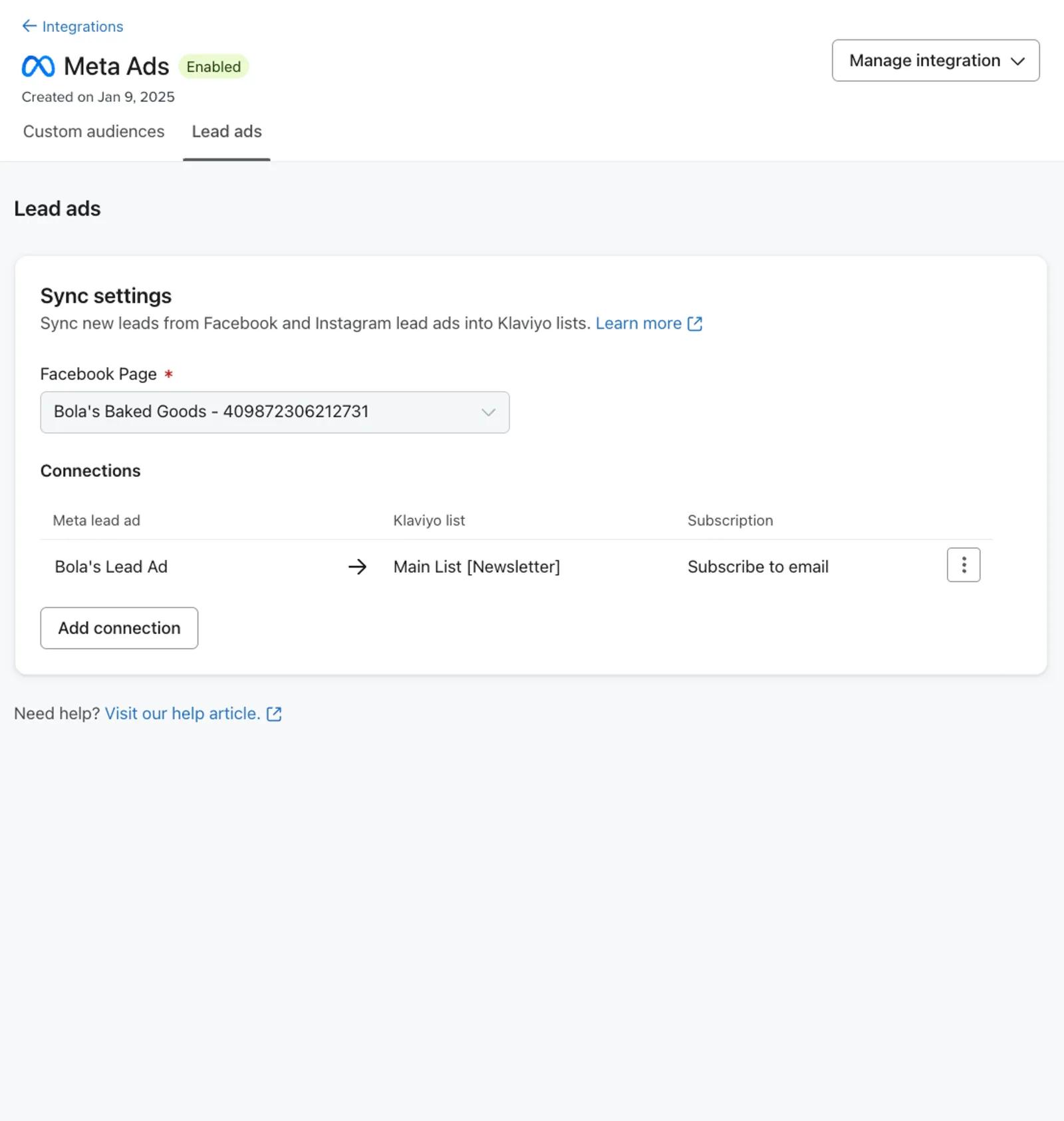Klaviyo settings for syncing lead ads to Klaviyo lists.