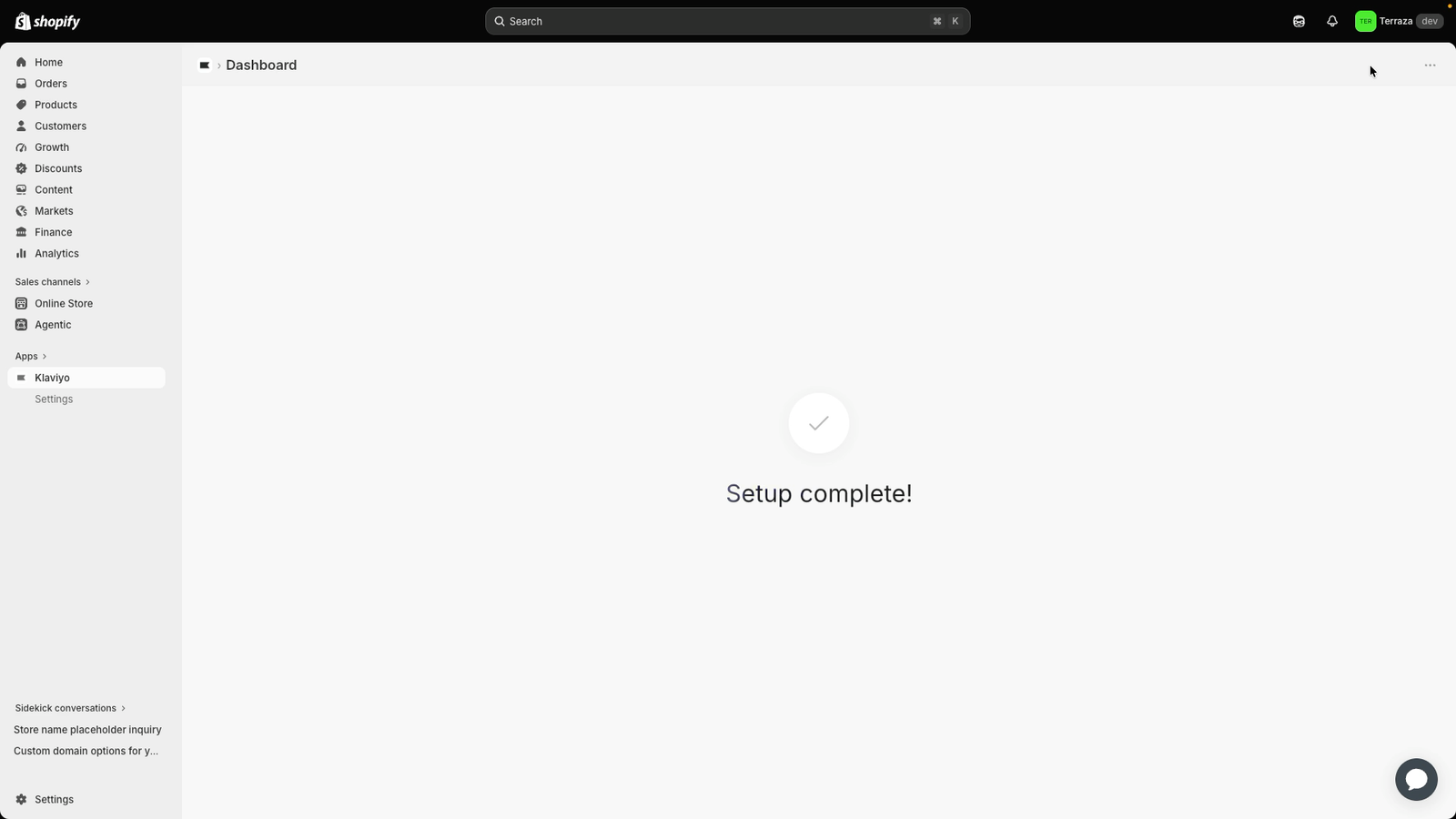 Shopify dashboard showing "Setup complete!" with a checkmark icon.