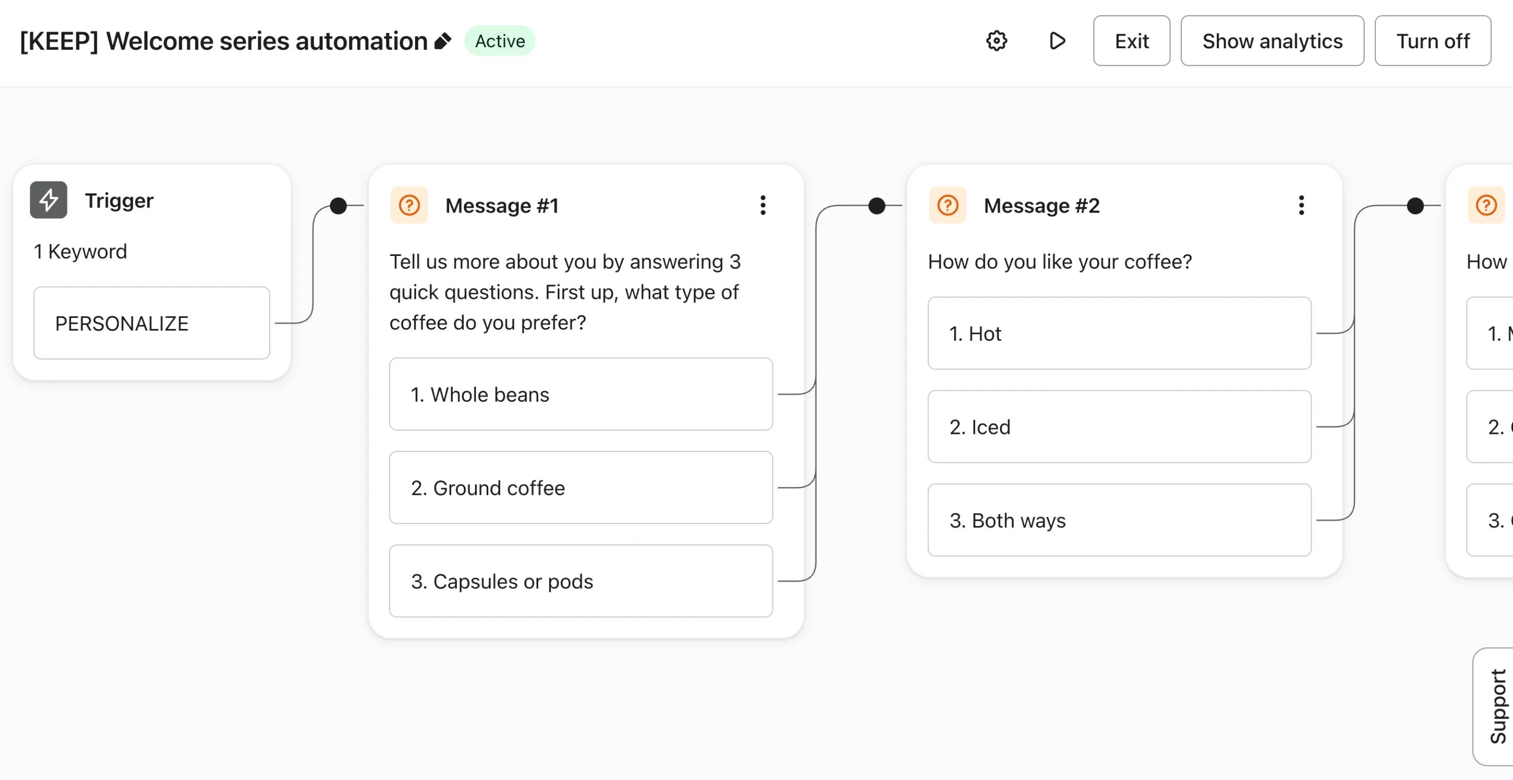 A visual workflow editor shows a WhatsApp welcome series automation, starting with a “PERSONALIZE” keyword trigger and followed by sequential messages that ask customers quick preference questions about coffee type and how they like it prepared.