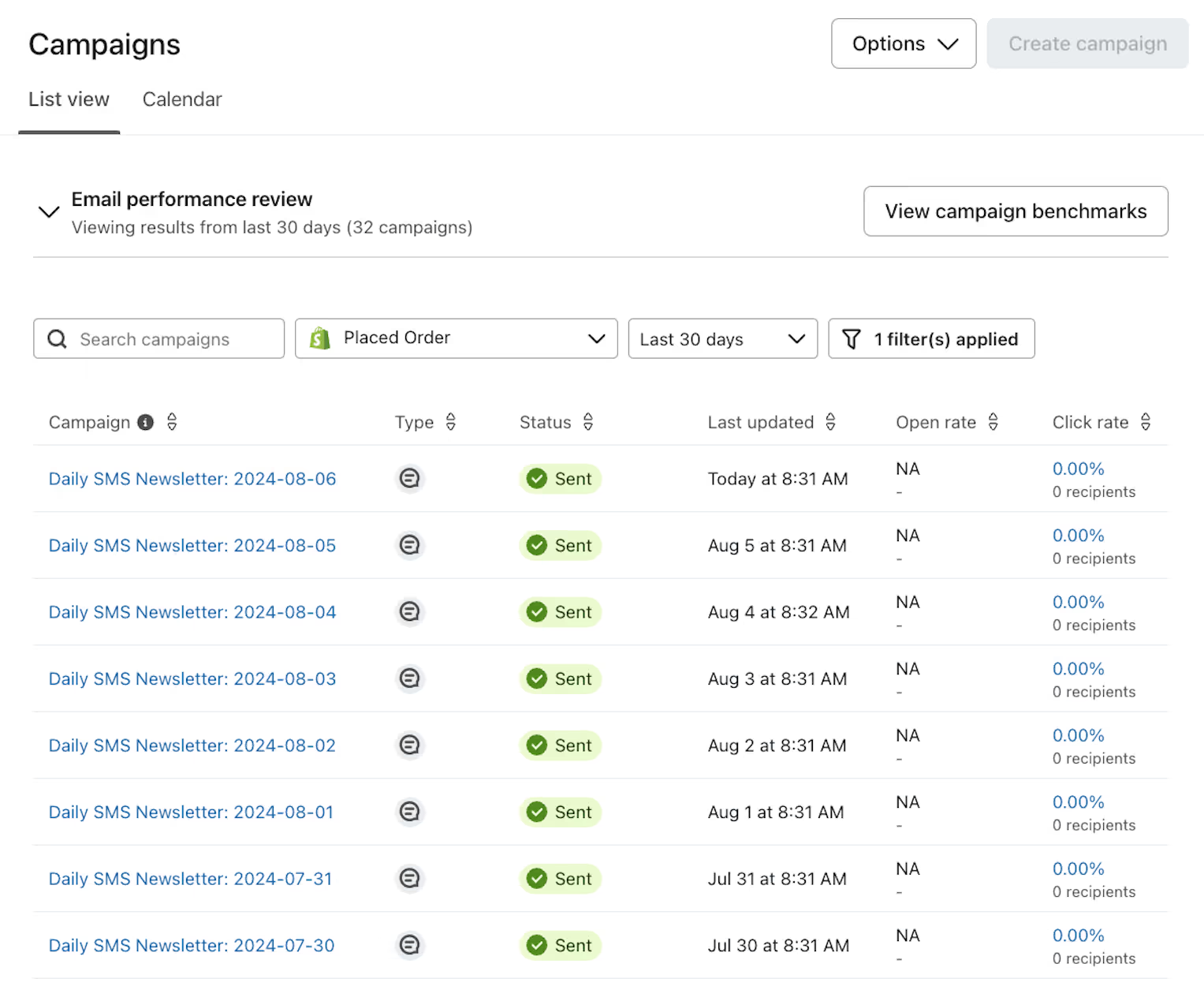 Image of the campaign list view in Klaviyo