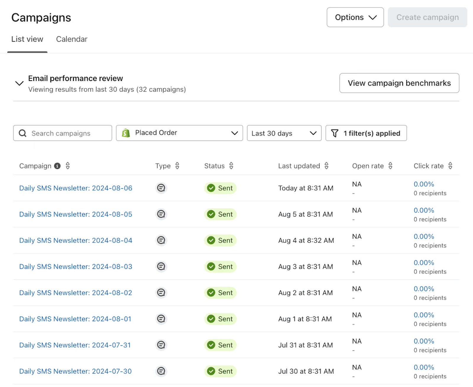Image of the campaign list view in Klaviyo